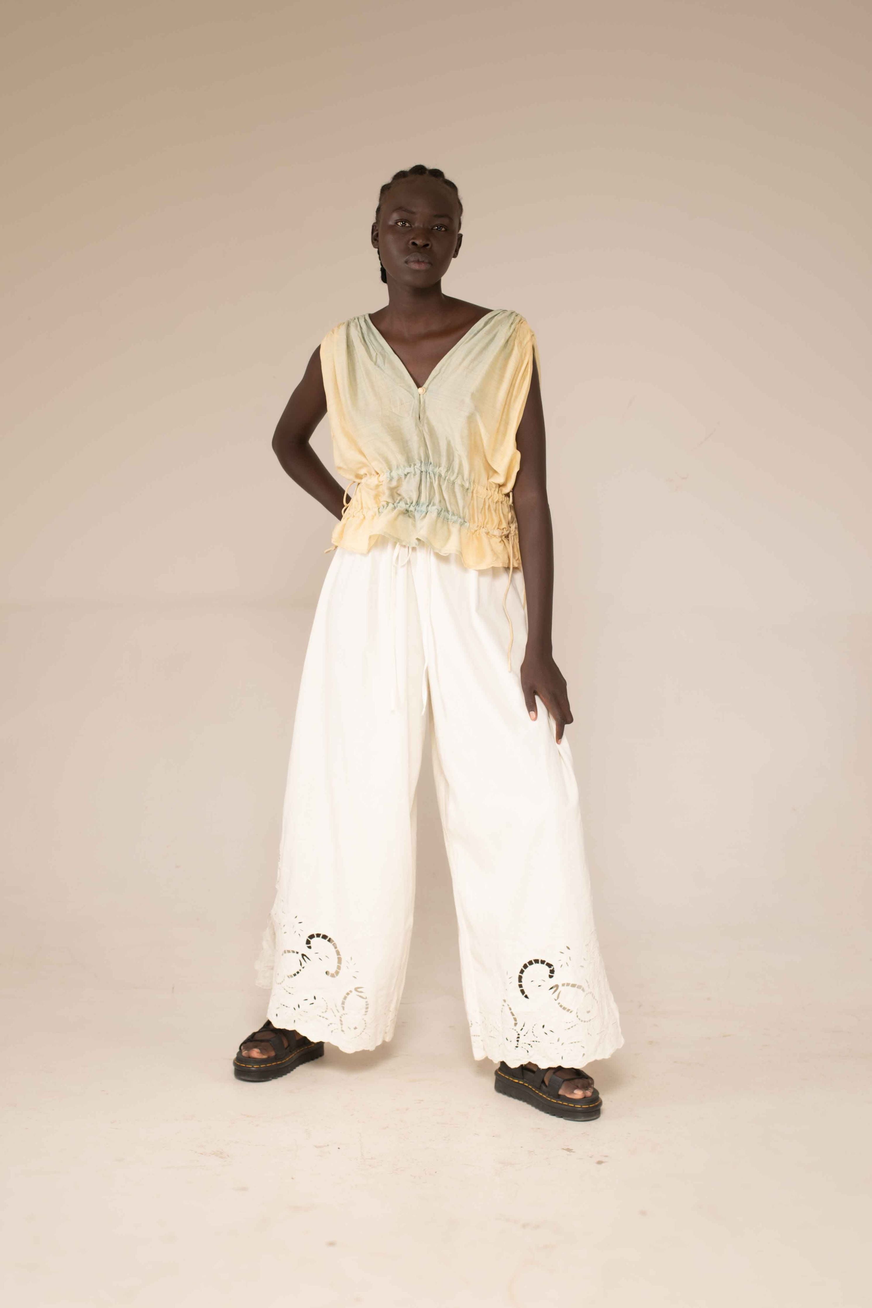 Wide leg pants- Crab cut out embroidery