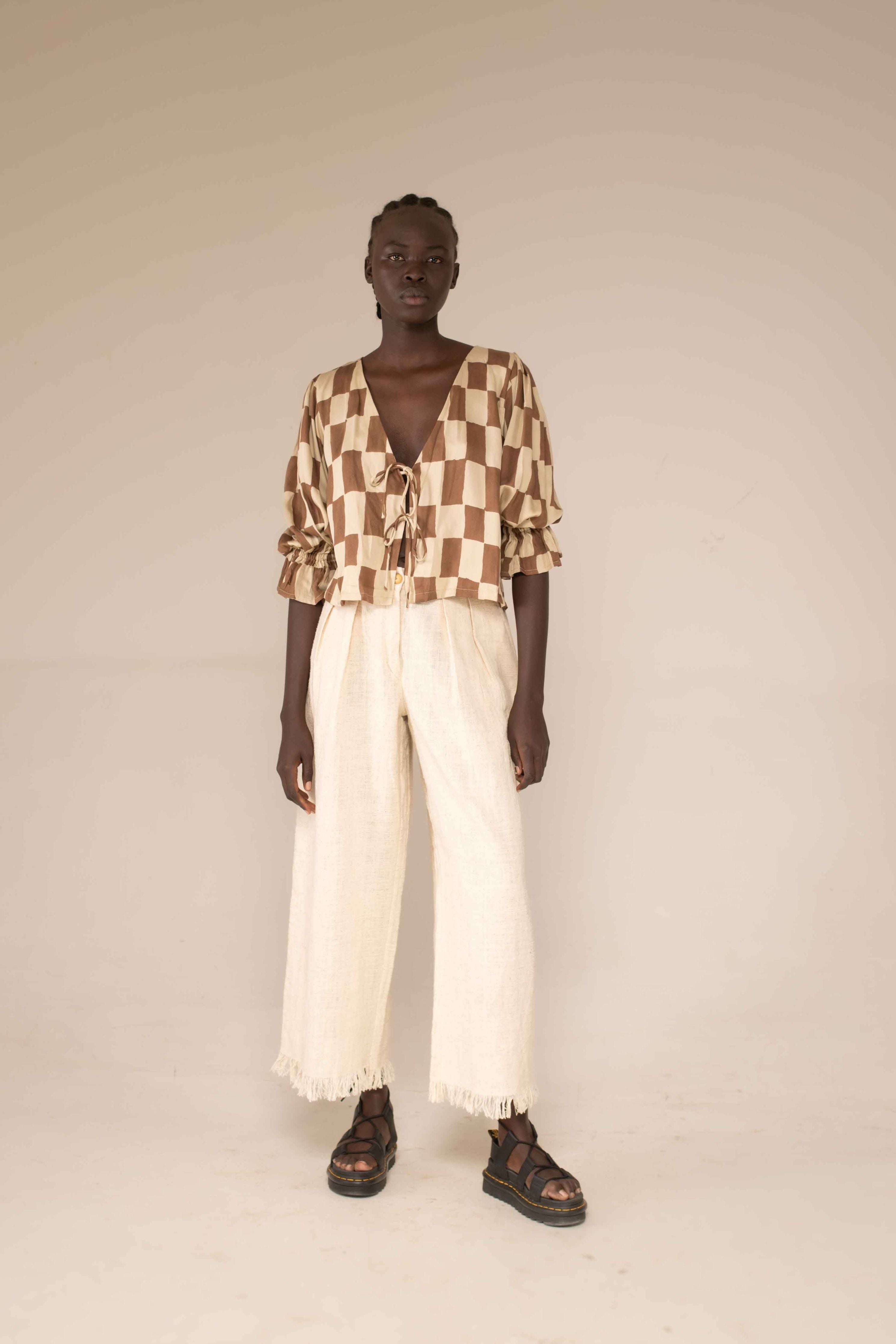 Tie front top - Block print mocha