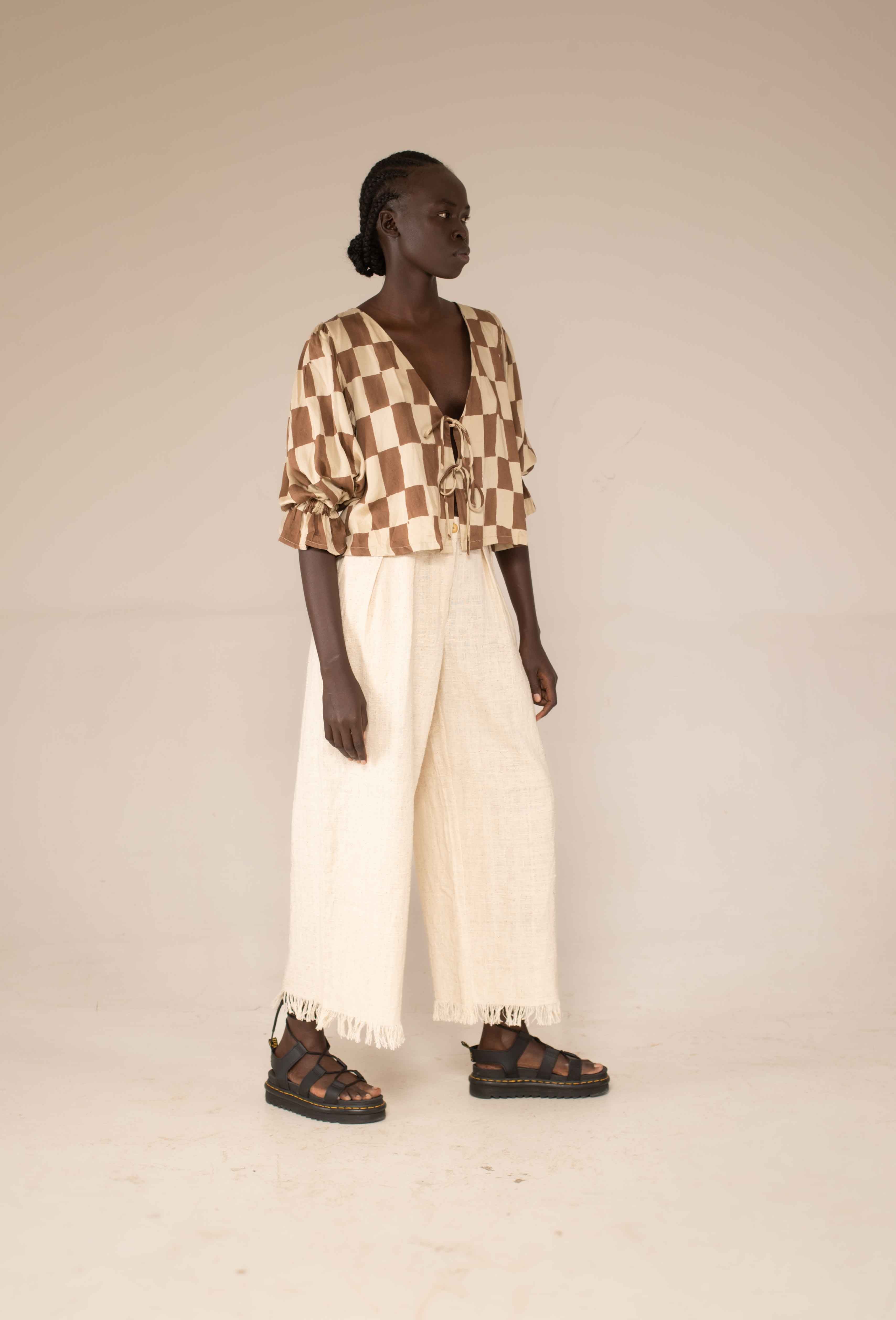 Tie front top - Block print mocha