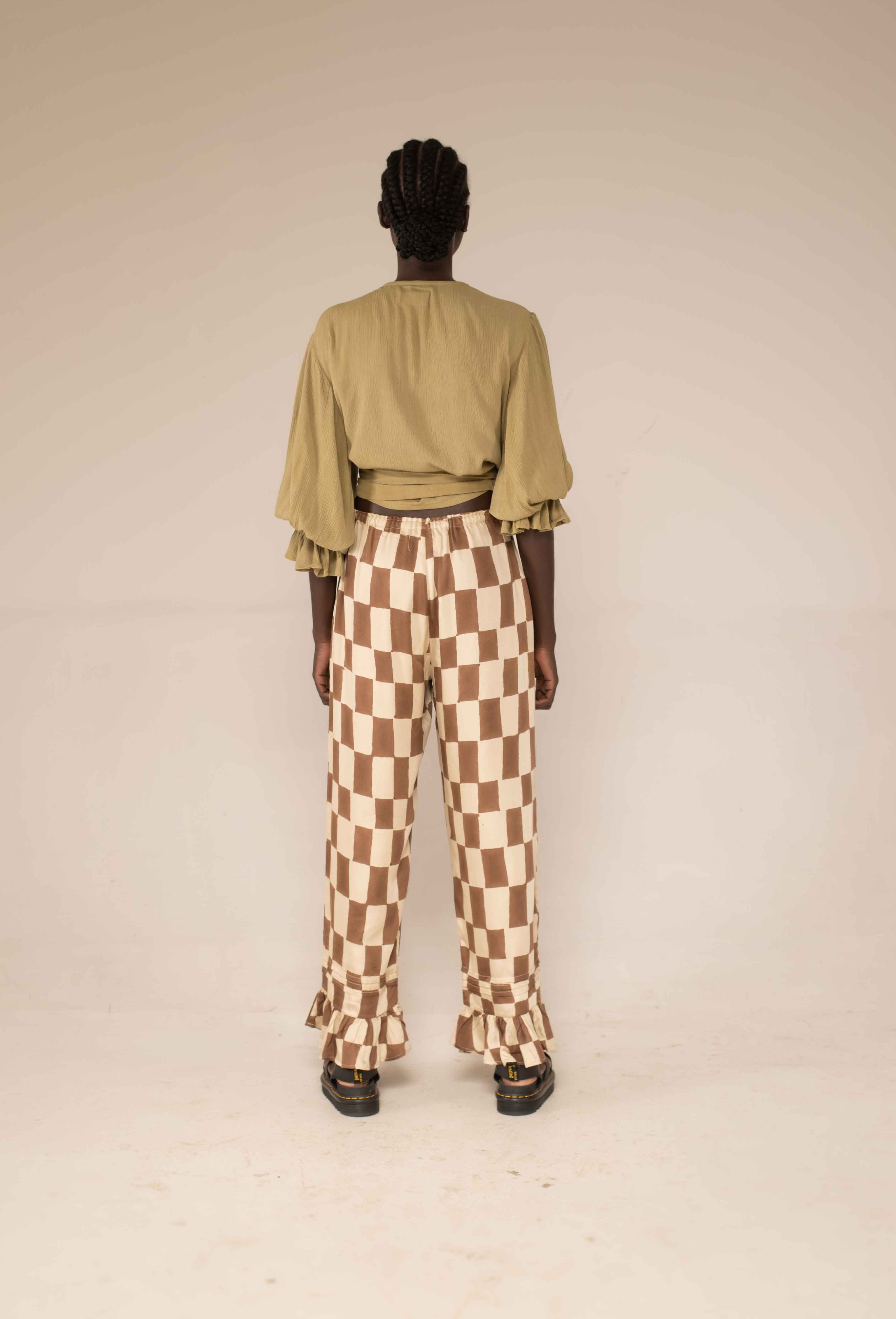 Frill hem pants - block print mocha