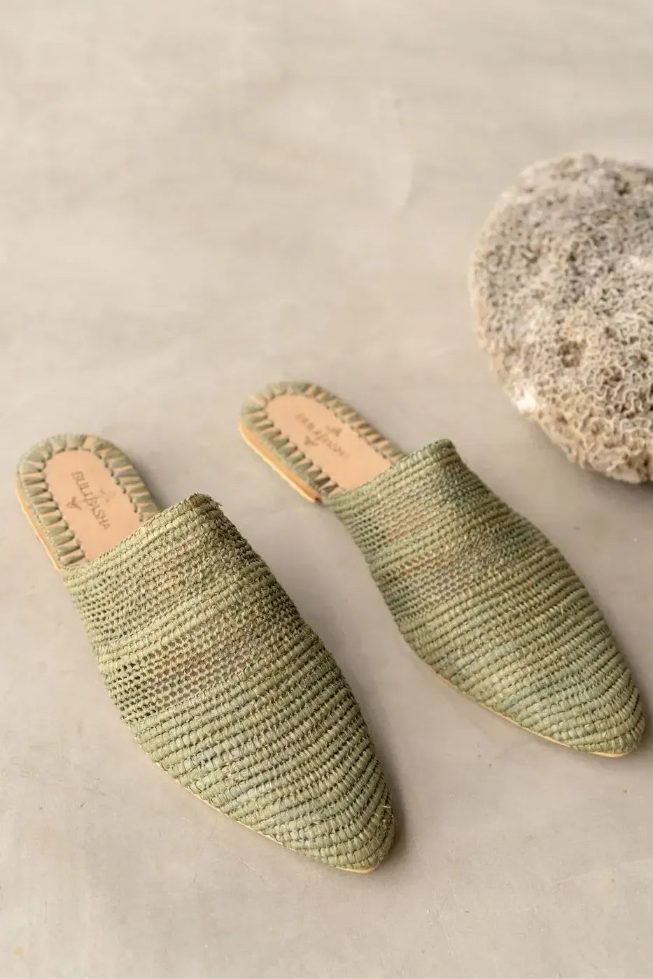 Babouche Tayri Green, sustainable, handmade sandals made from natural materials by Bulibasha