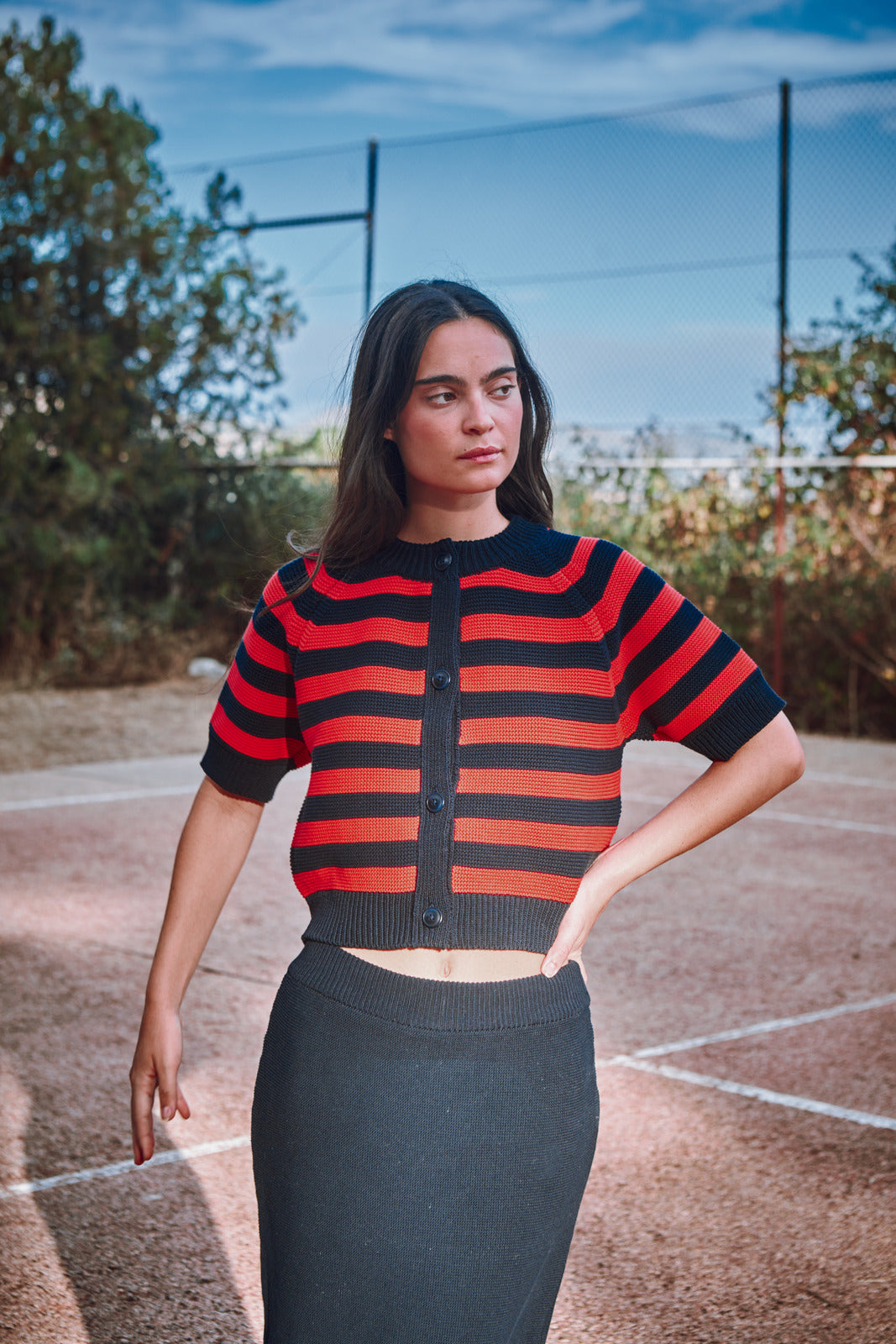 CLARISSE Short-Sleeve Cardigan in Organic Cotton - Navy Blue and Red Stripes