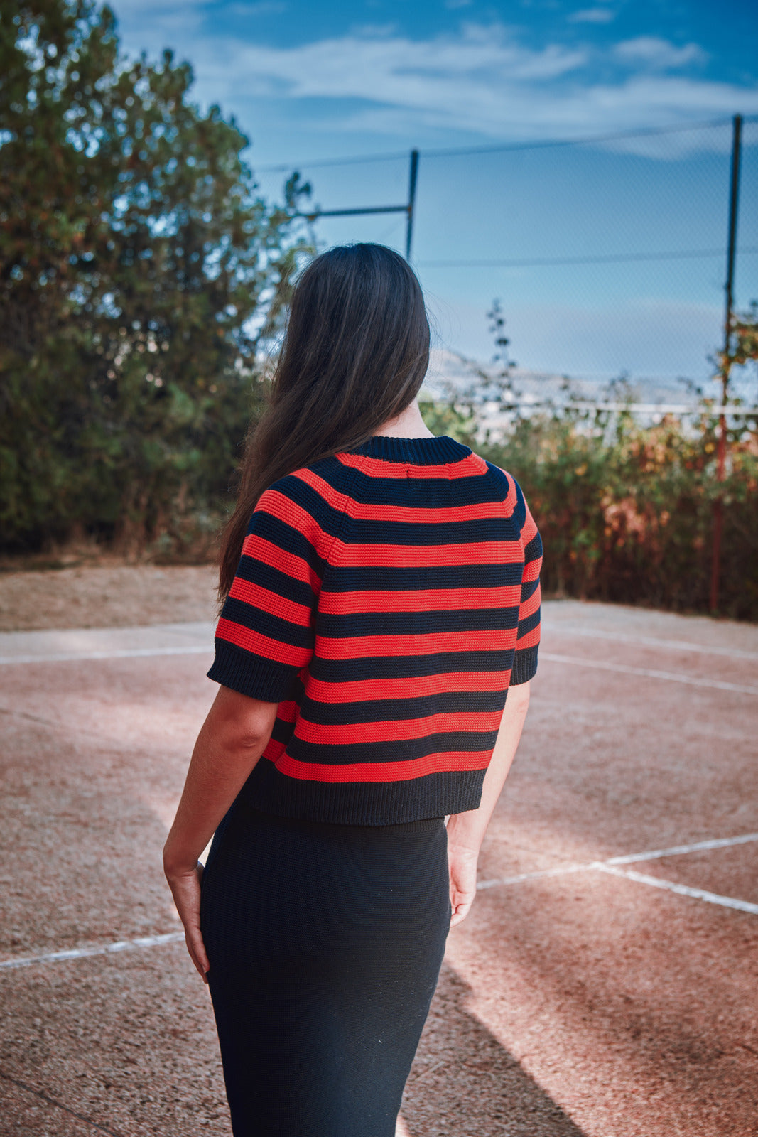 CLARISSE Short-Sleeve Cardigan in Organic Cotton - Navy Blue and Red Stripes