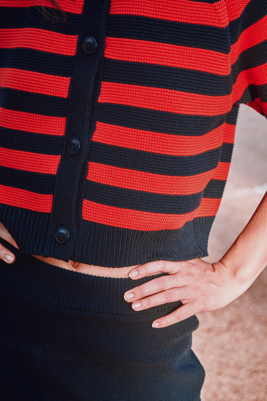 CLARISSE Short-Sleeve Cardigan in Organic Cotton - Navy Blue and Red Stripes