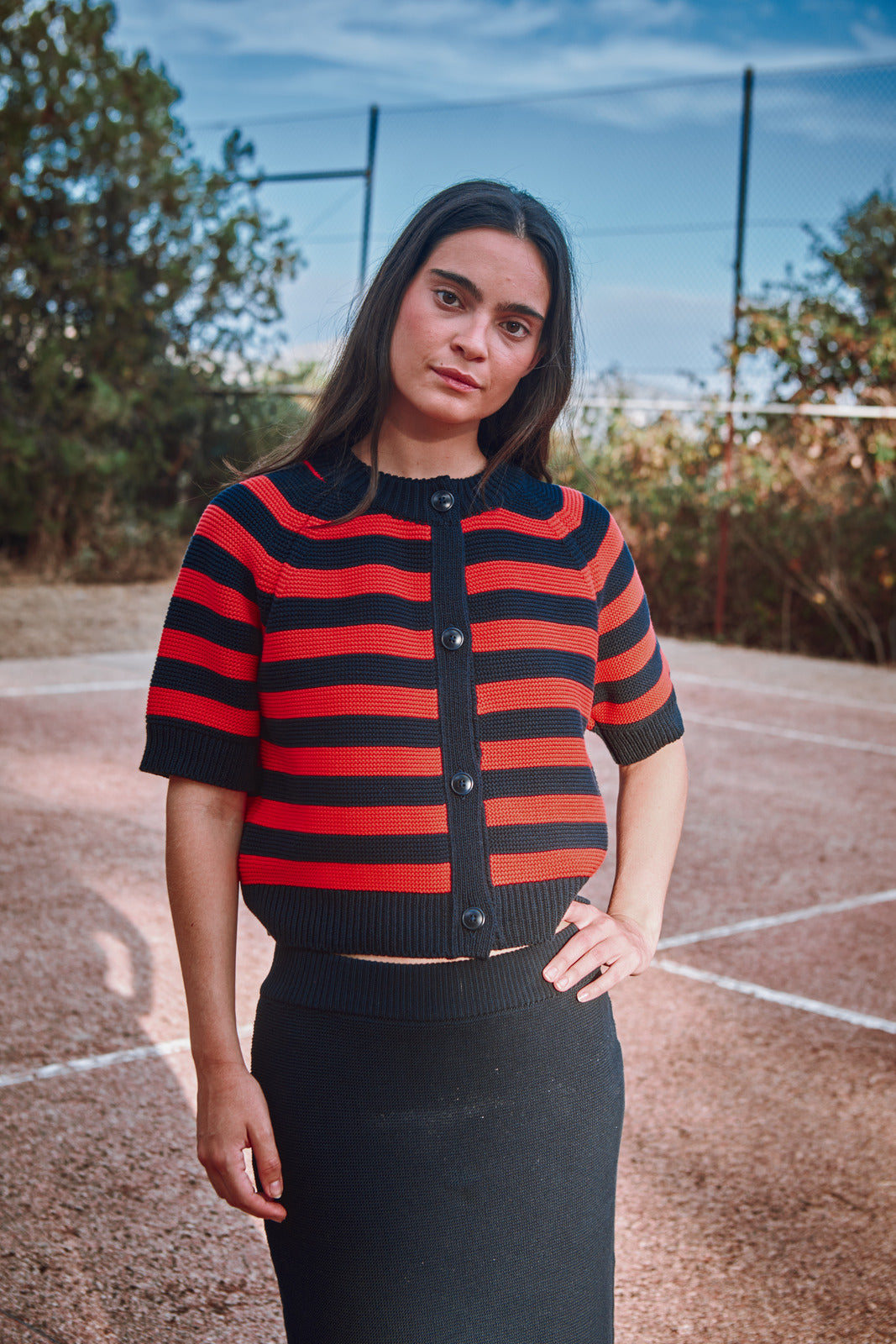 L'Envers - CLARISSE short-sleeve Cardigan Cotton - Navy Blue and Red stripes