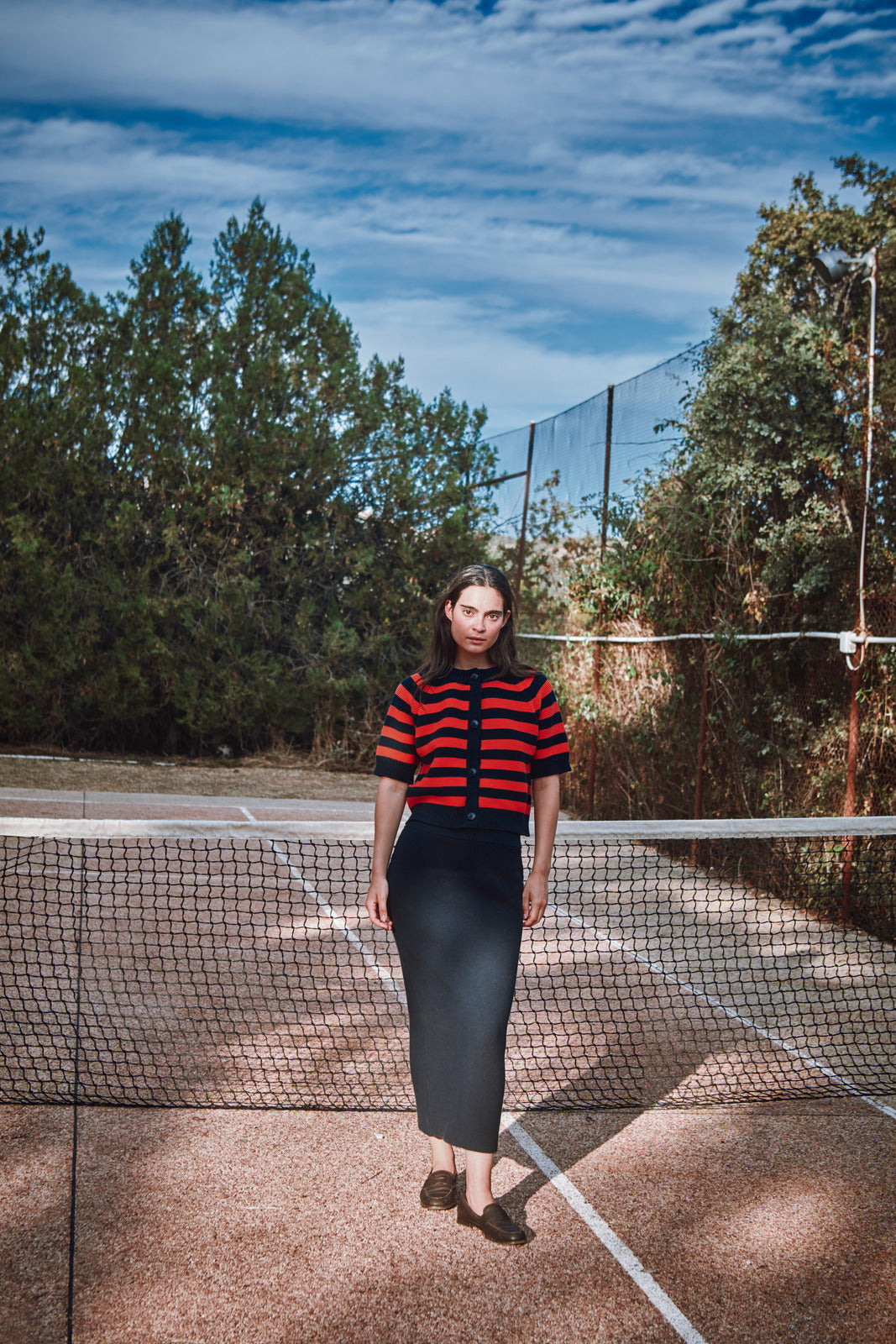 CLARISSE Short-Sleeve Cardigan in Organic Cotton - Navy Blue and Red Stripes