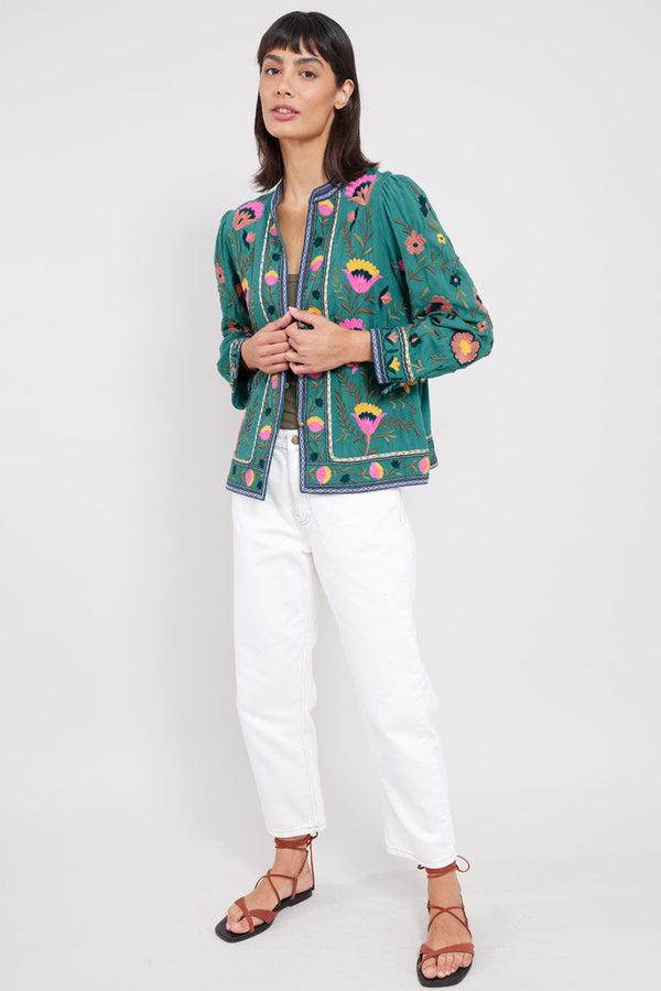 Model wears East Eve Emerald Embroidered Jacket