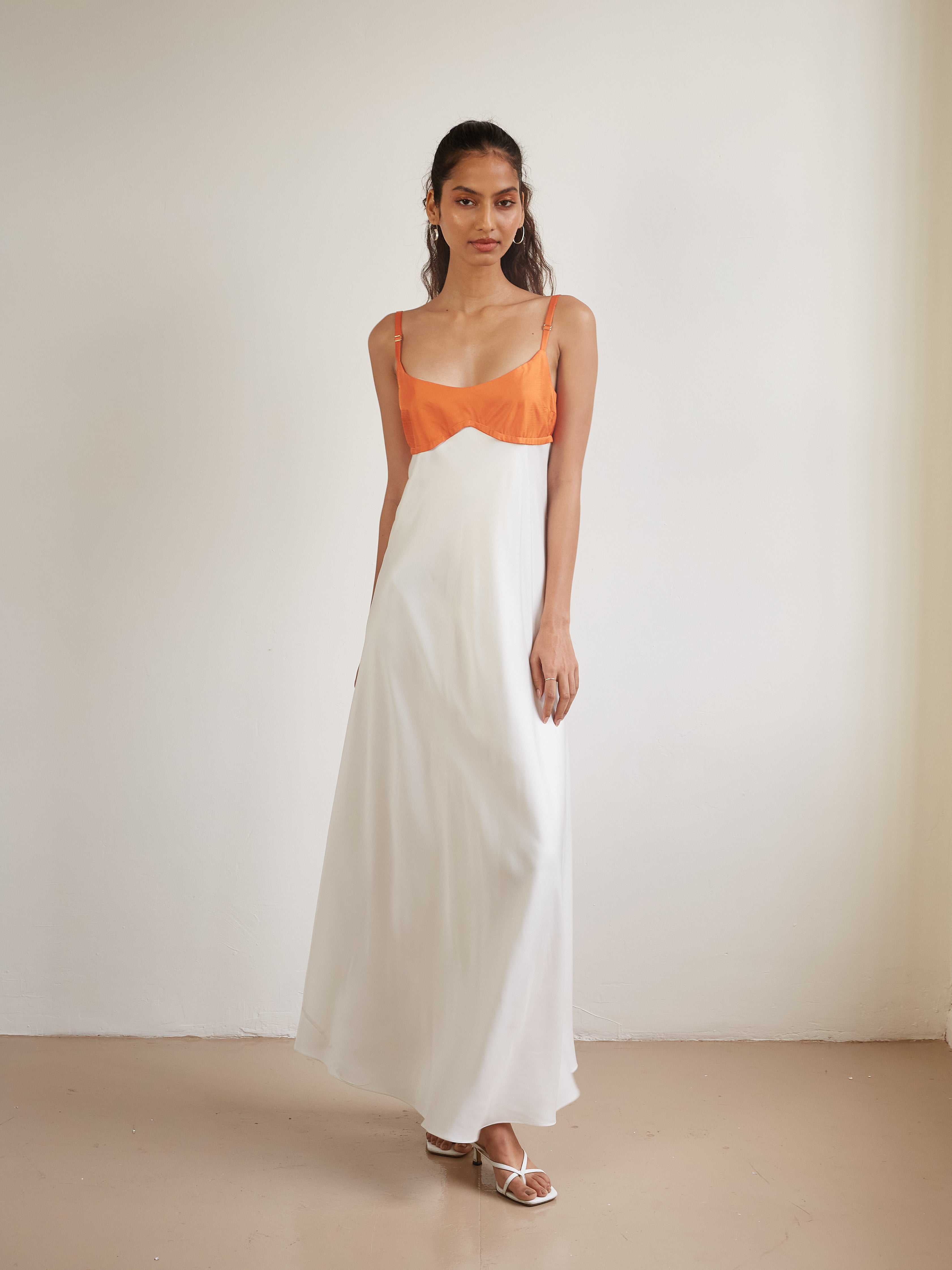 Persephone Bodice Maxi Dress in Tangerine/Off-White