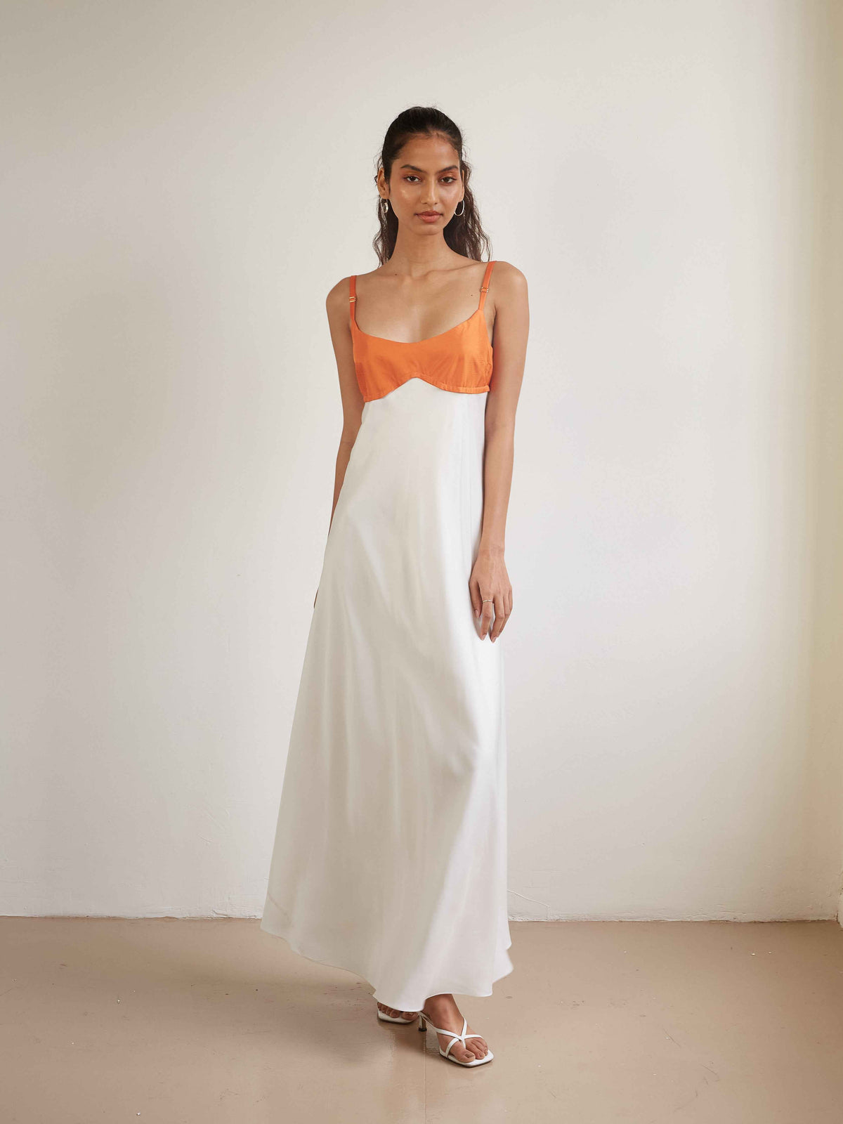Persephone Bodice Maxi Dress in Tangerine/Off-White