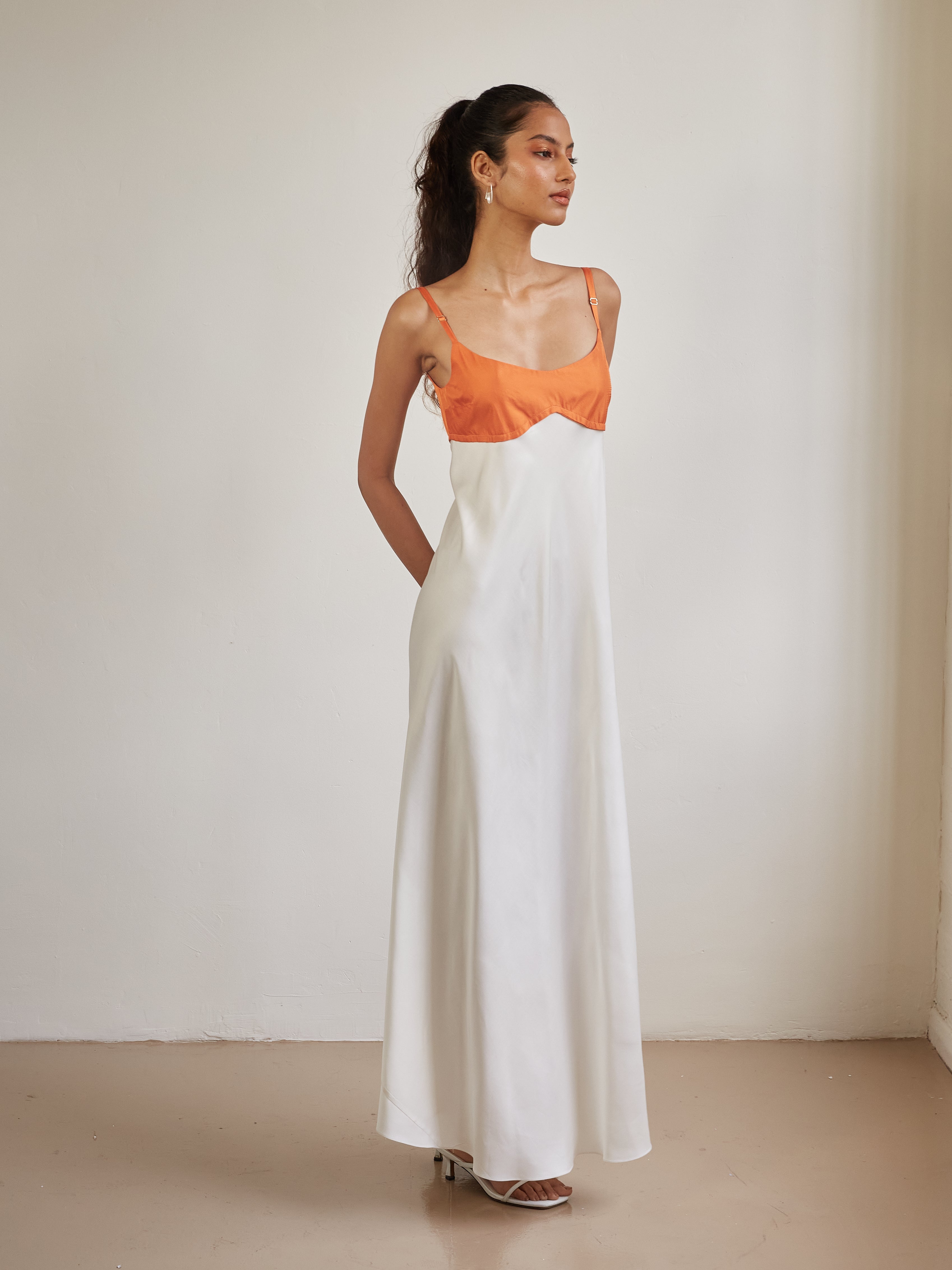 Persephone Bodice Maxi Dress in Tangerine/Off-White