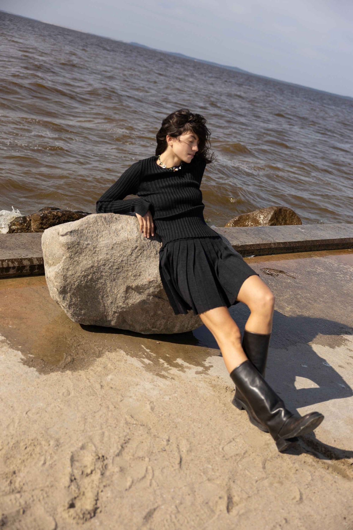 Brera 100% Merino Long-Sleeve Top Black Melange