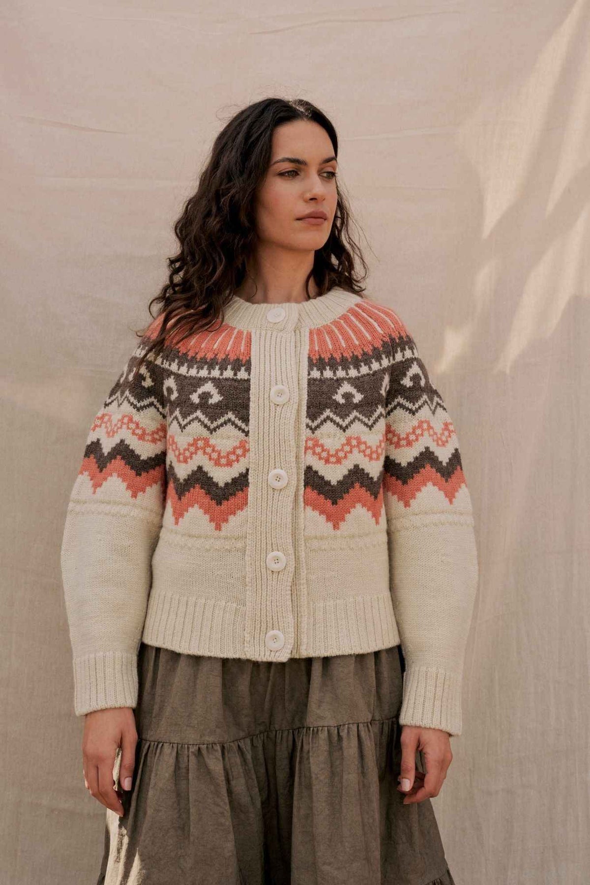 Fleetwood Cardigan in Ecru with Shrimp & Loam