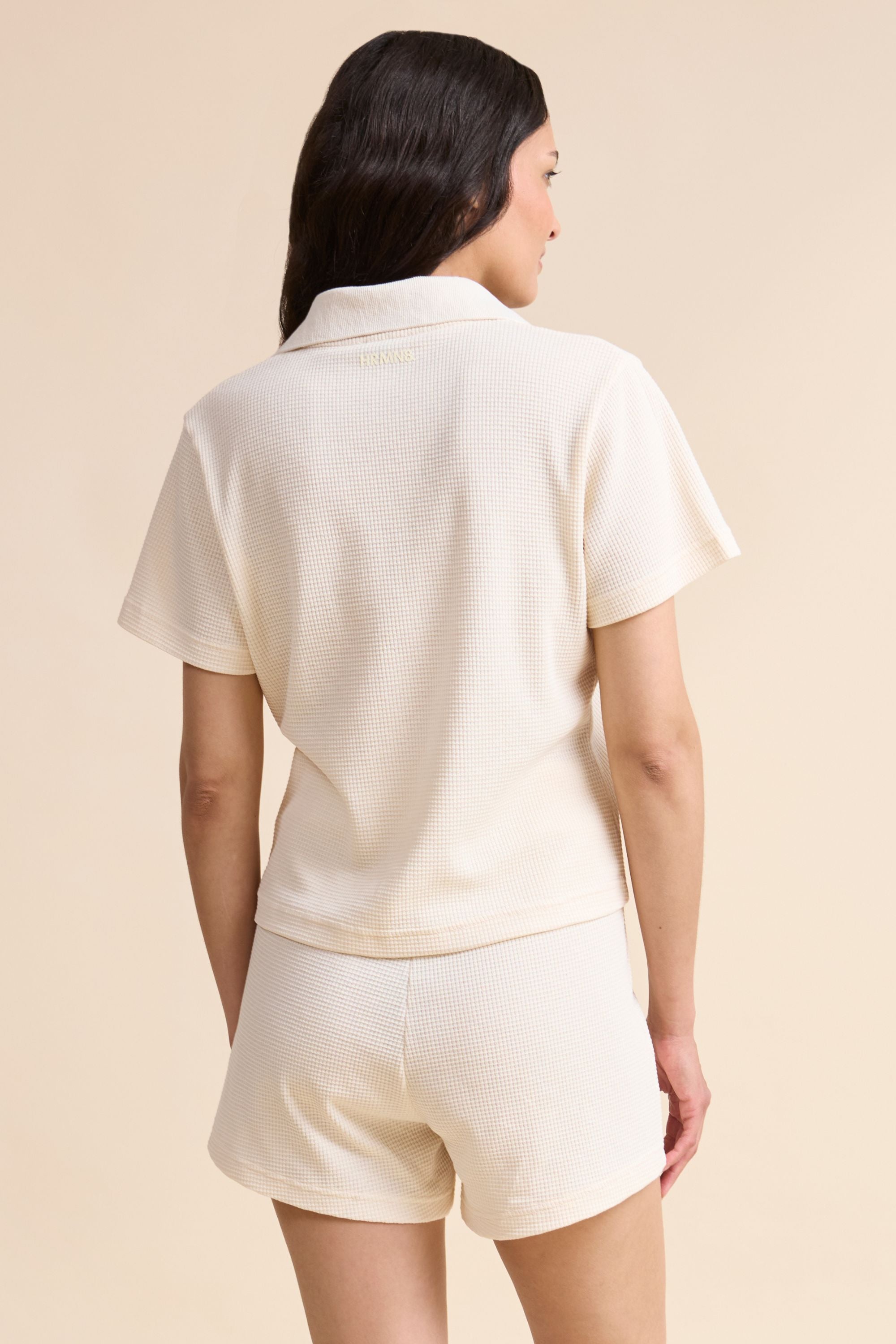 Women's beige HRMN8 waffle shirt, lightweight button-up with textured fabric, relaxed fit for resort, gym, or summer layering.