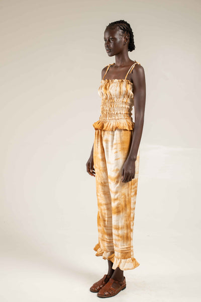 Frill hem pants - block print mocha
