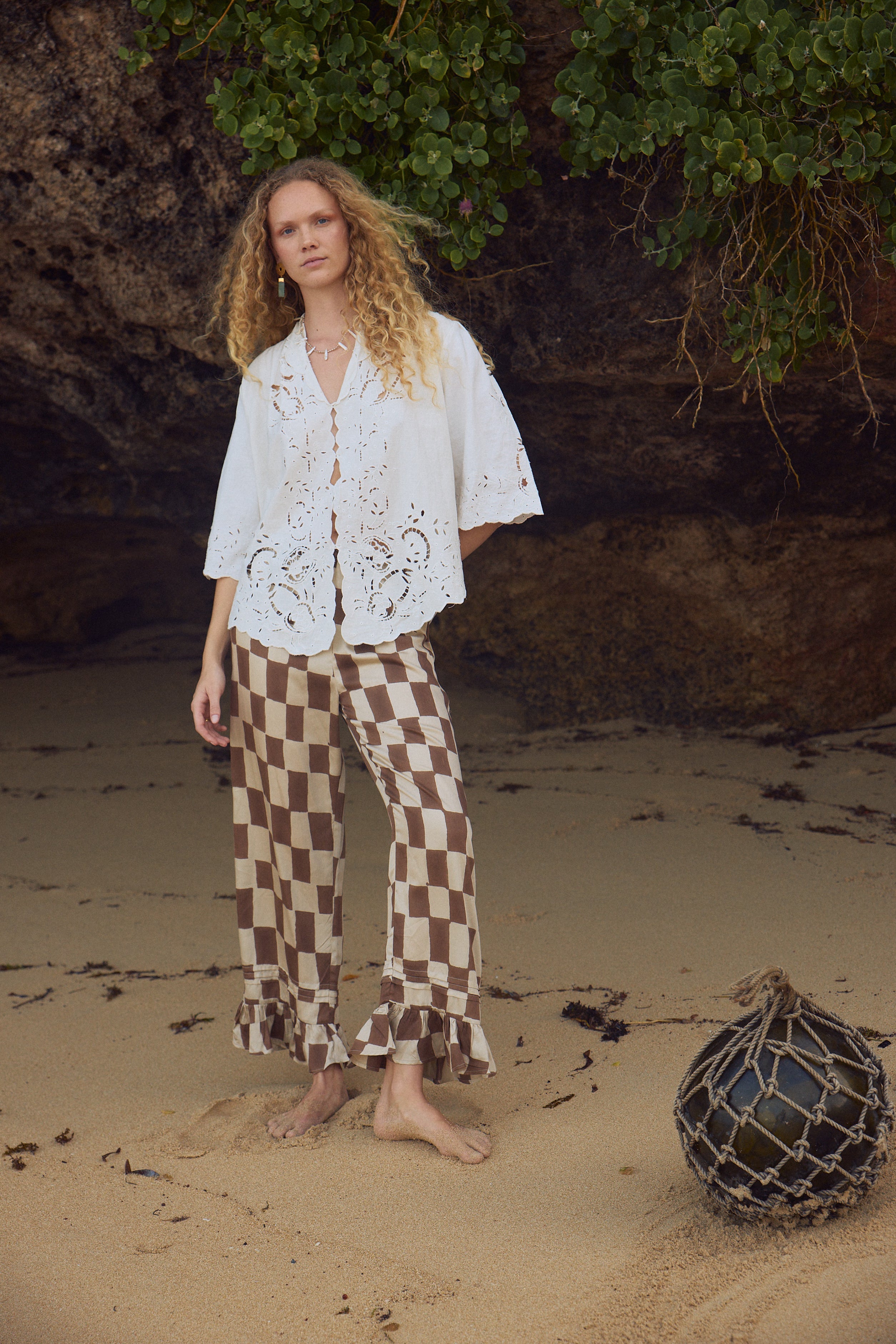 Frill hem pants - block print mocha