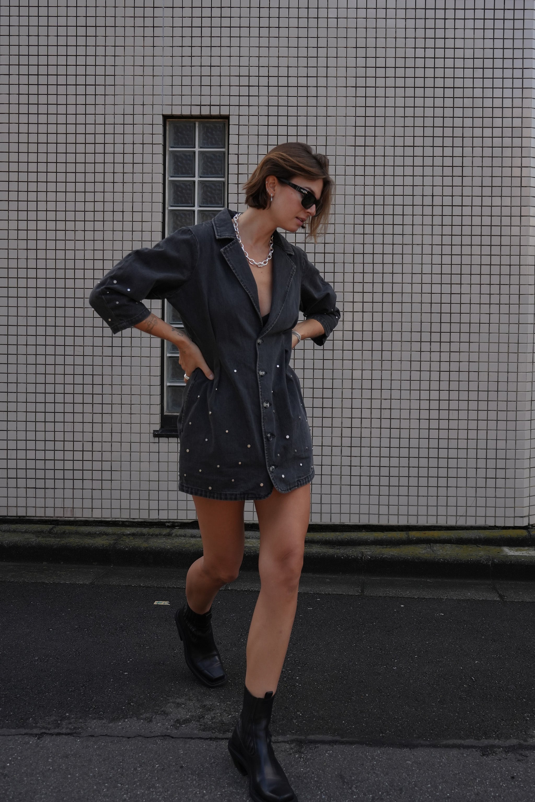 Bette Studded Denim Mini Dress in Raven
