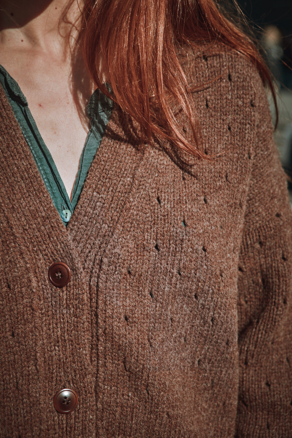 KATRINA Open Weave Cardigan in Merino Wool - Chocolate
