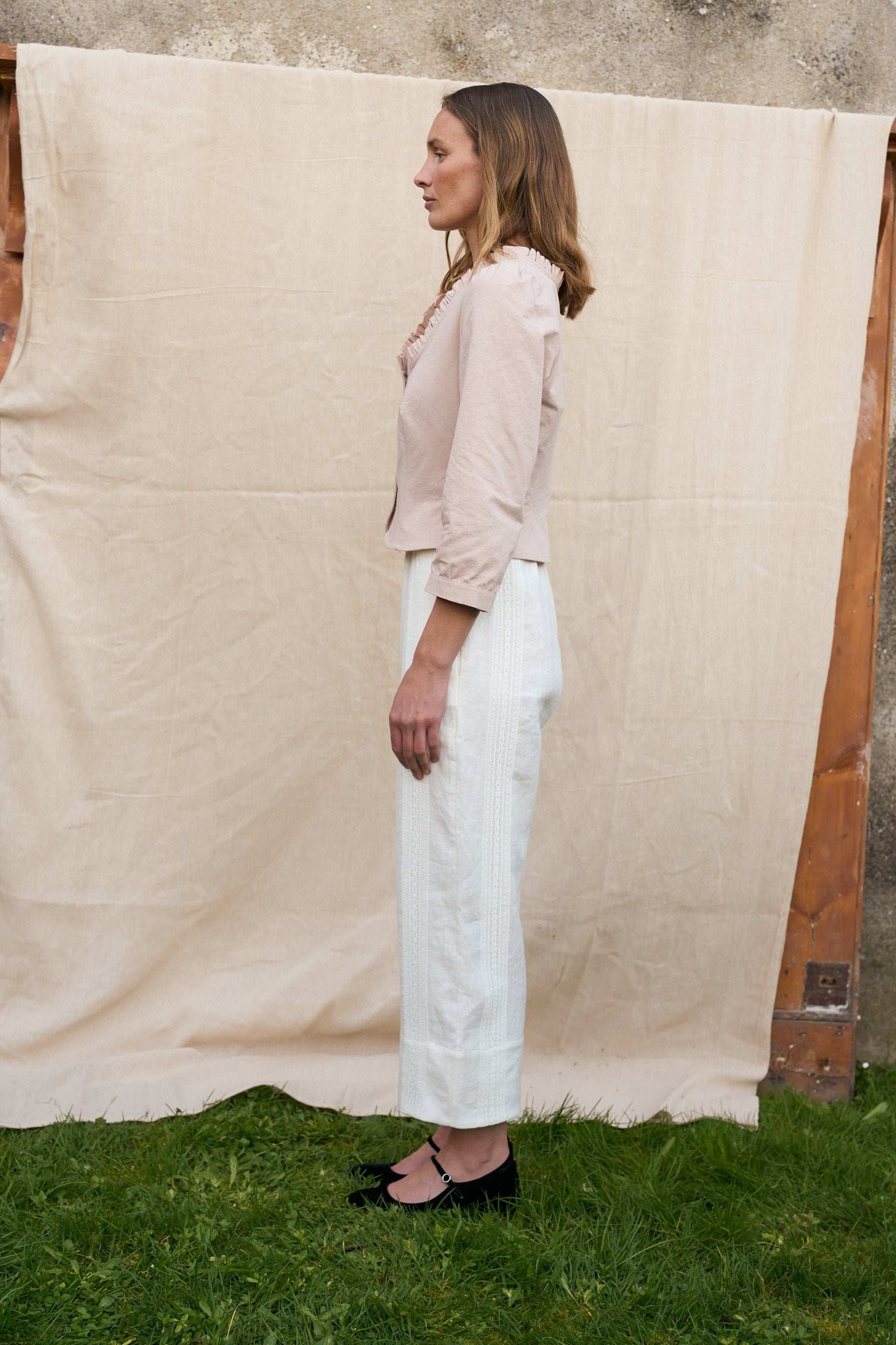 Bramley Trousers in Pearl Linen & English Lace