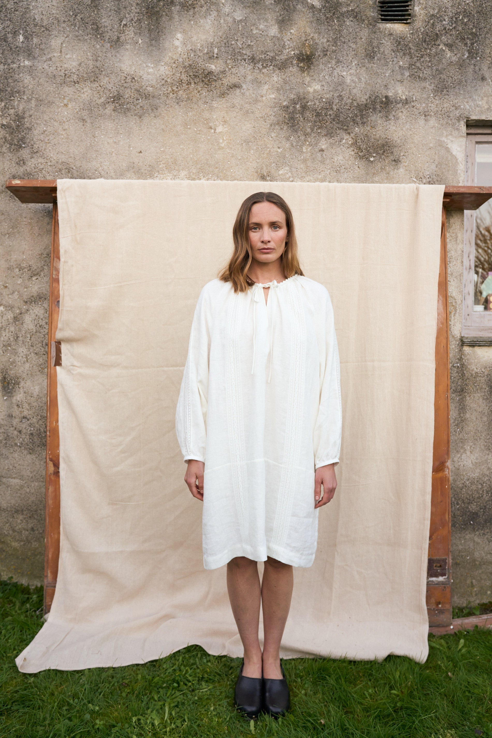 Bramley Dress in Pearl Linen & English Lace