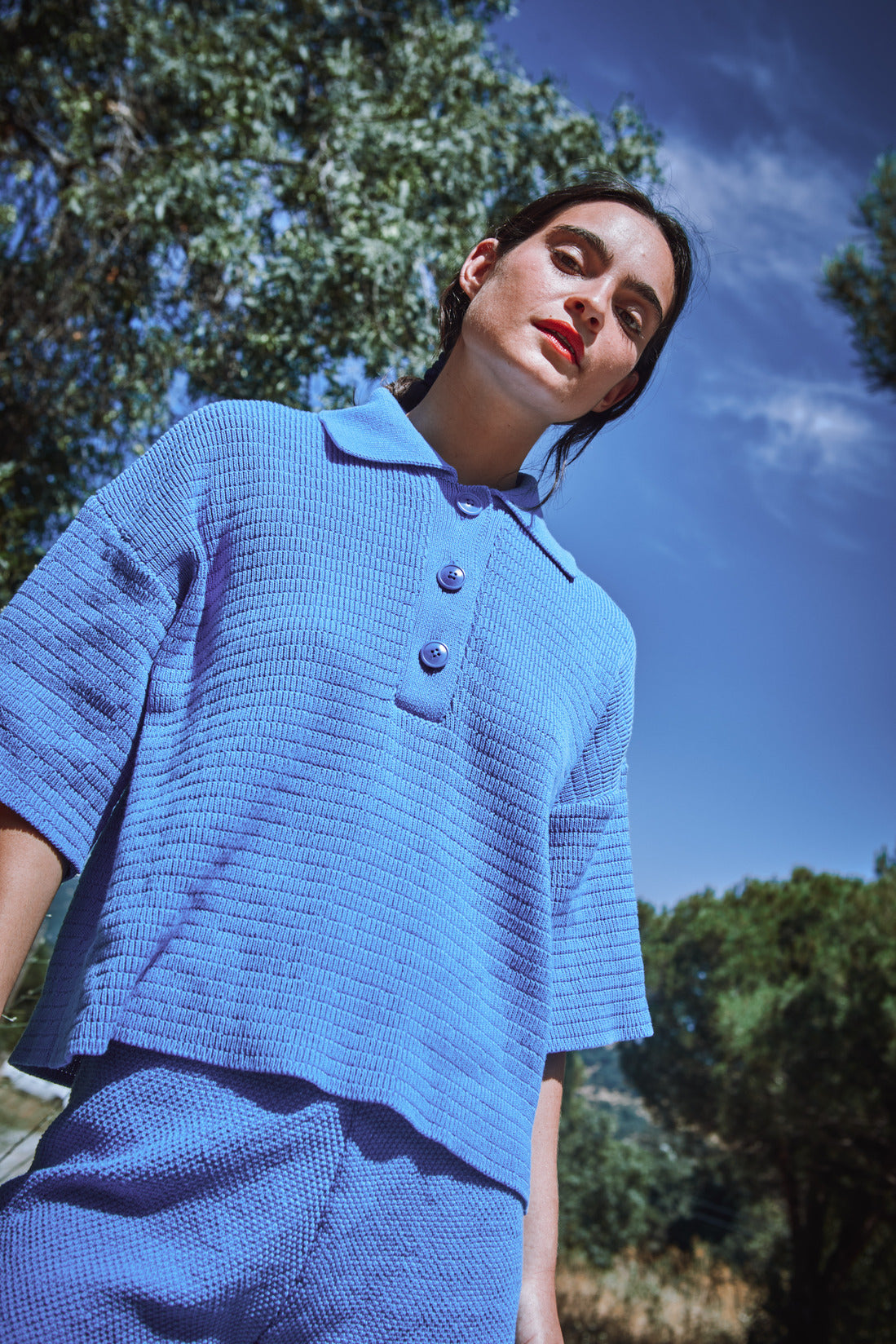 LILI Oversize Polo Shirt in Organic Cotton - Cyan Blue