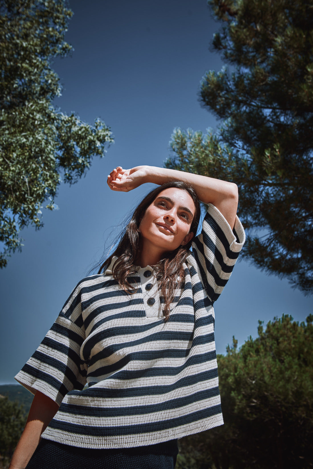 LILI Oversize Polo Shirt in Organic Cotton - Navy and Off-White Stripes