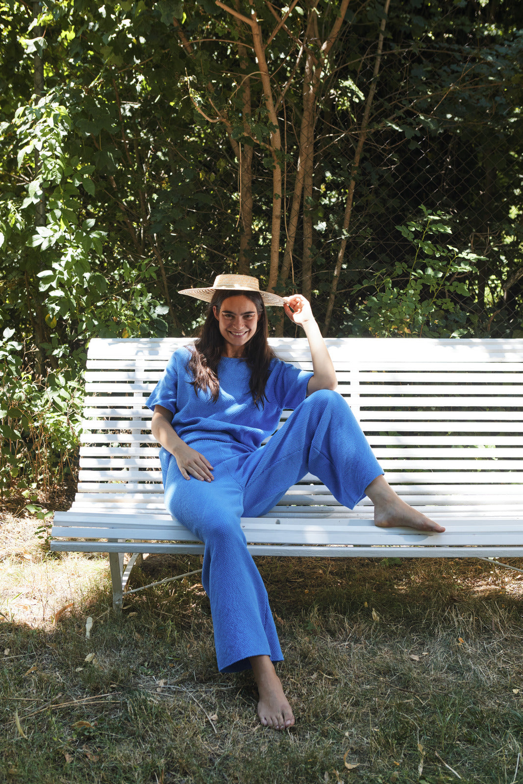 LOUISA Cropped Pants in Organic Cotton - Cyan Blue