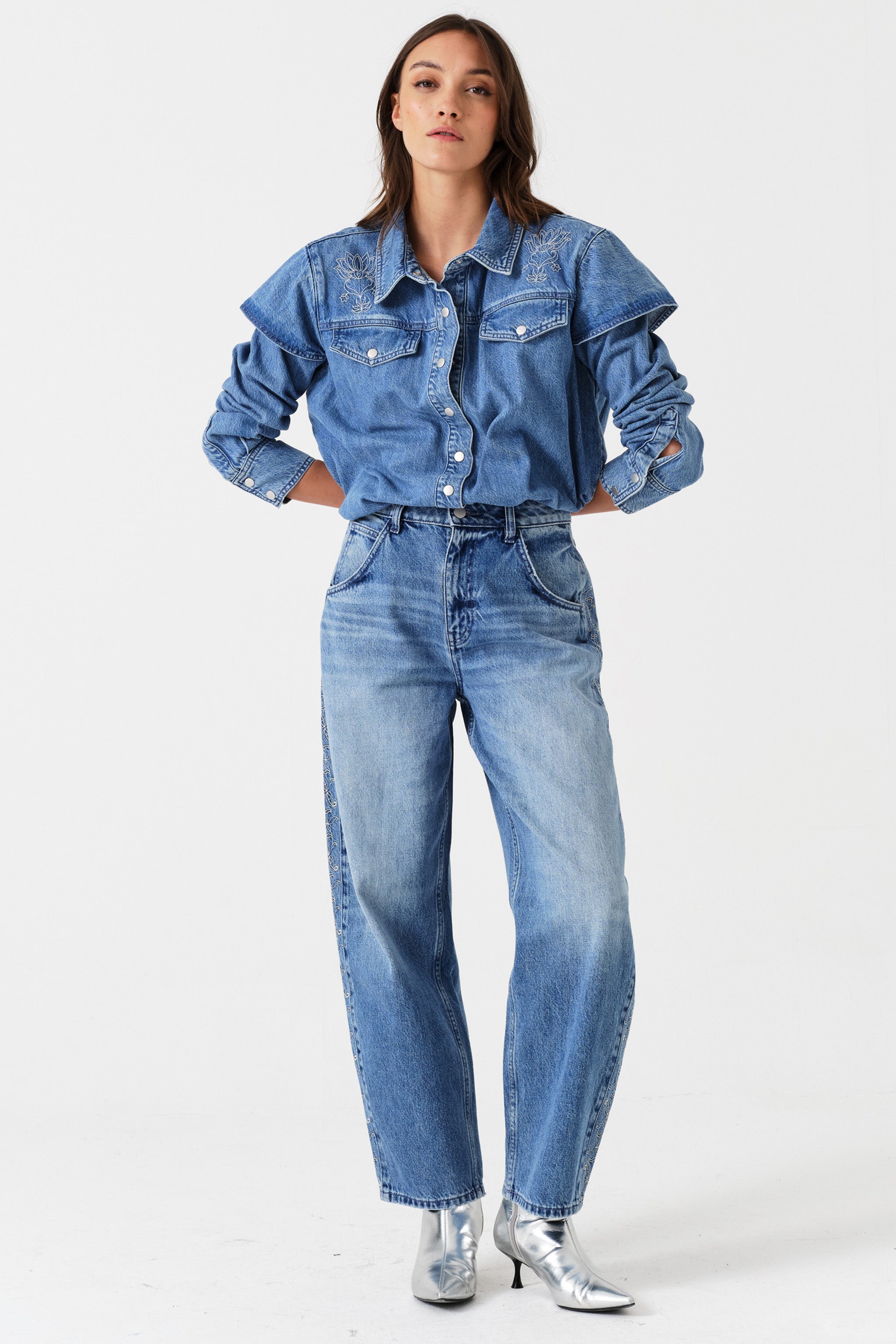 Juno Embroidered Denim Shirt in Malibu
