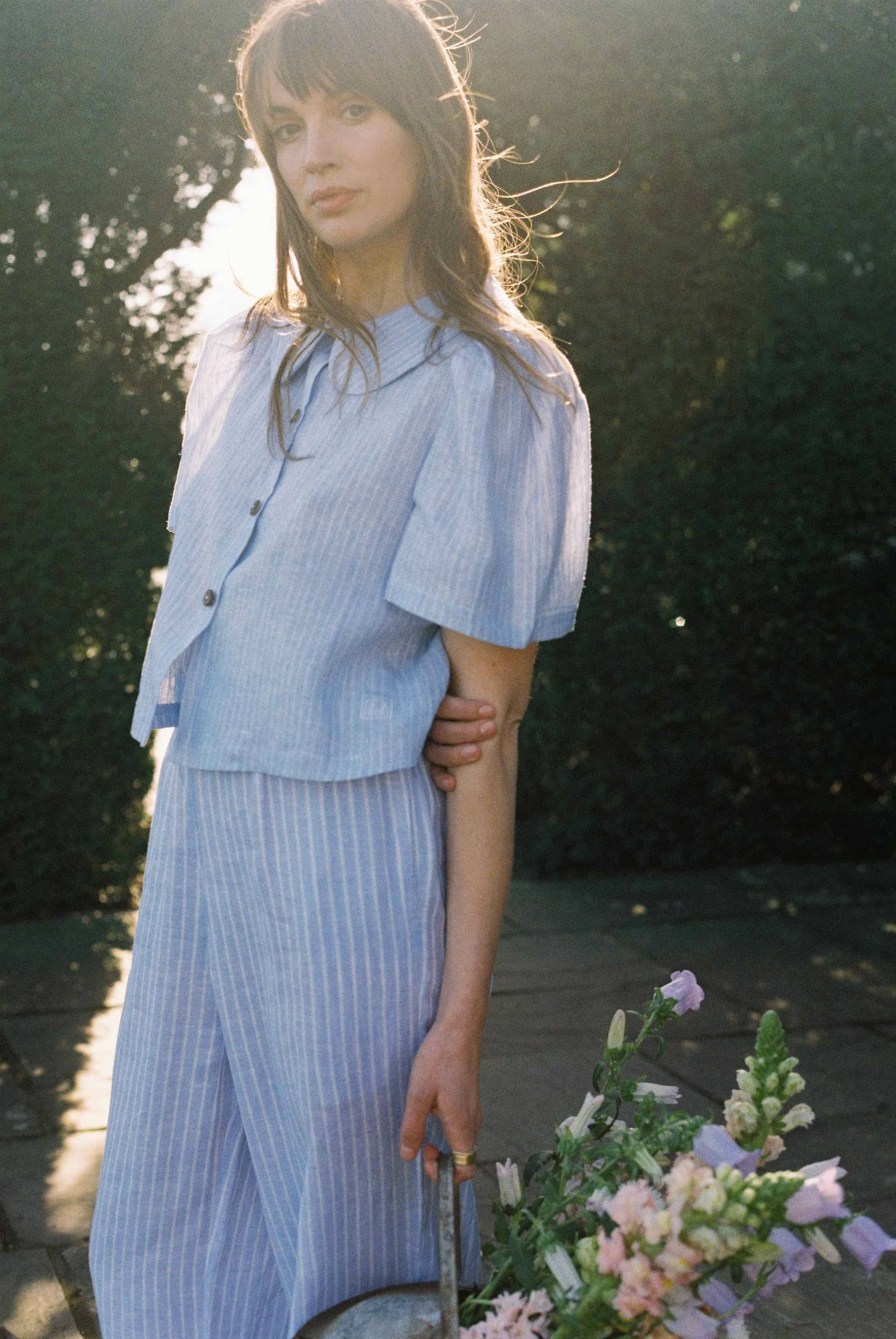 Frances Linen Cropped Blouse - Sky Blue Stripe