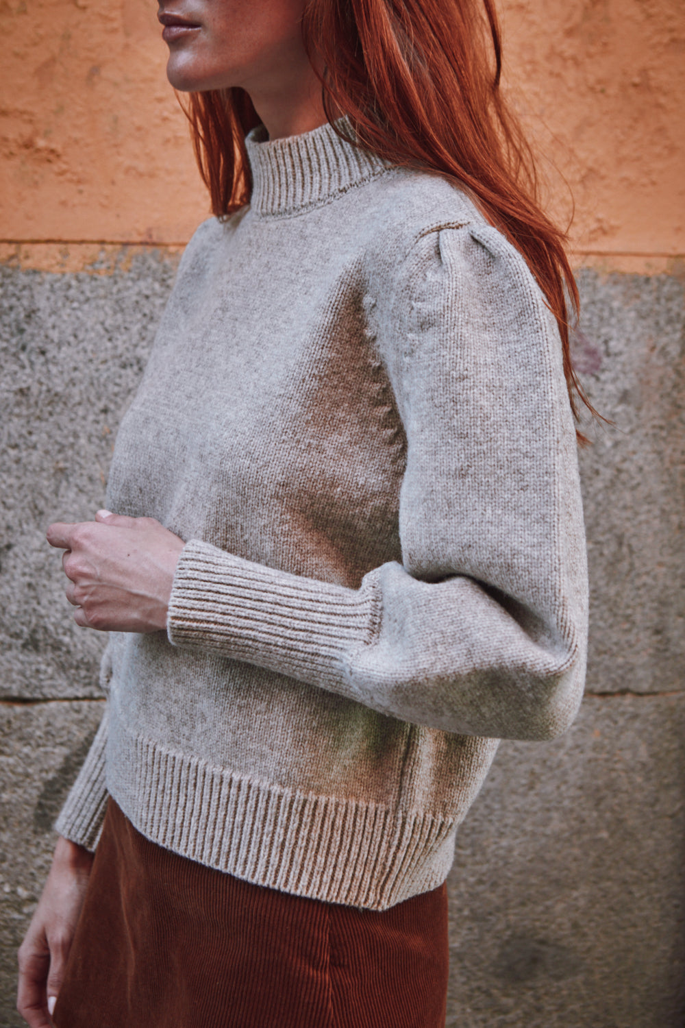 NATHALIE Puff Sleeve Sweater in Merino Wool - Beige