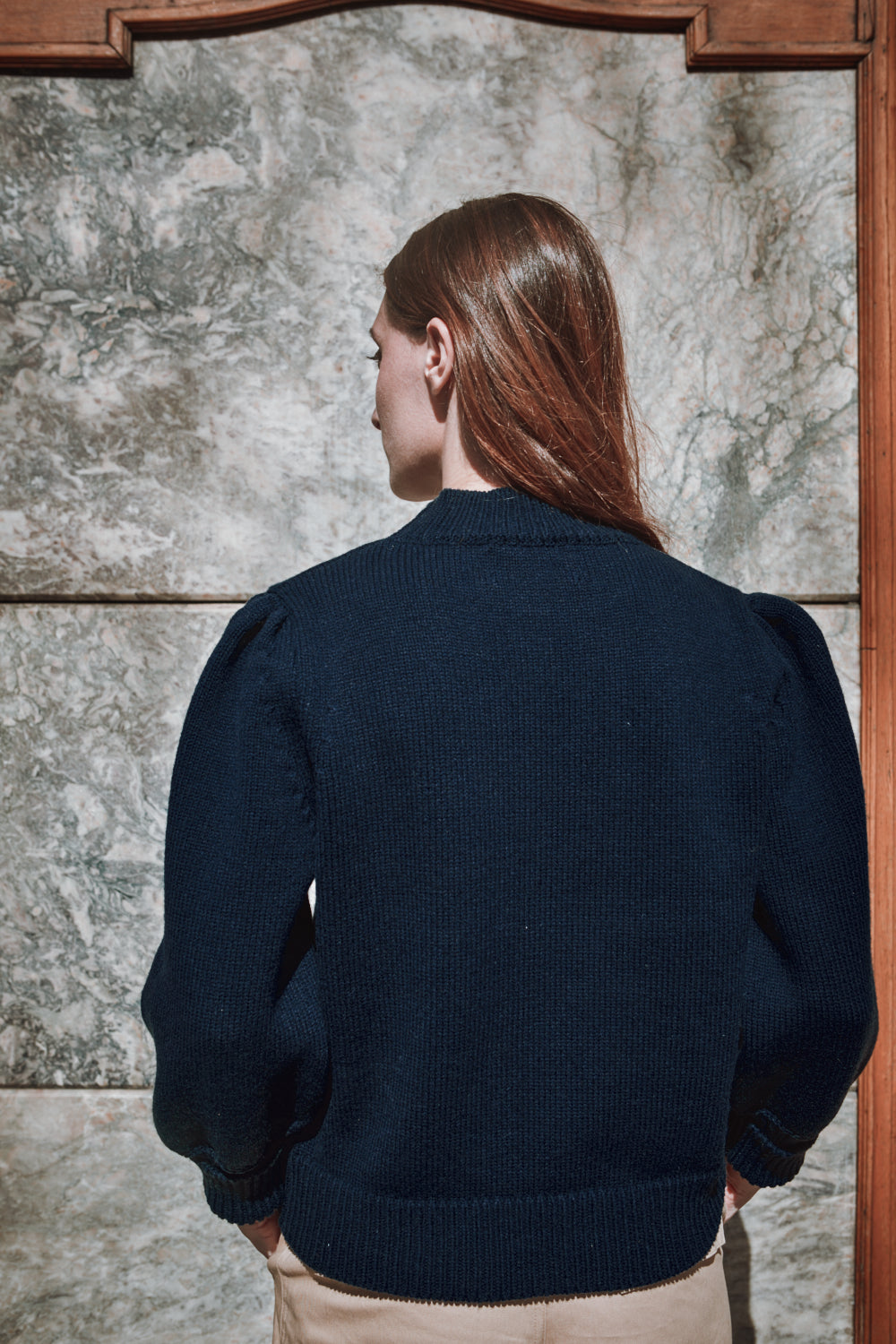 NATHALIE Puff Sleeve Sweater in Merino Wool - Navy