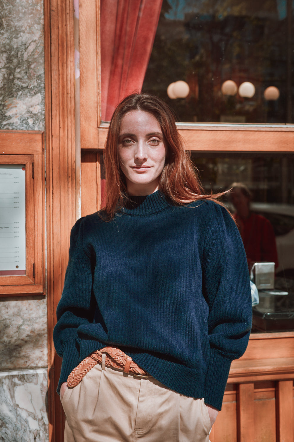 NATHALIE Puff Sleeve Sweater in Merino Wool - Navy Blue | L'Envers