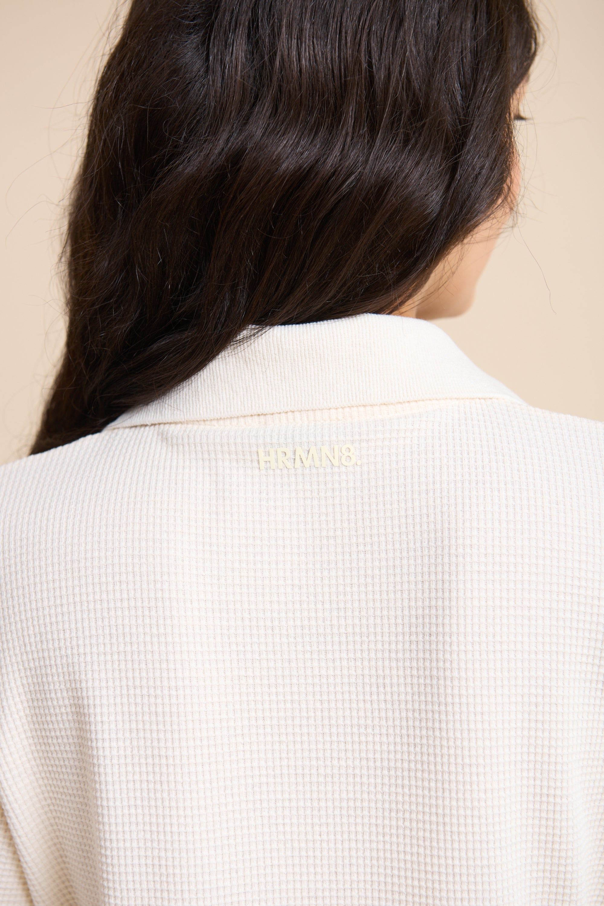 Women's beige HRMN8 waffle shirt, lightweight button-up with textured fabric, relaxed fit for resort, gym, or summer layering.