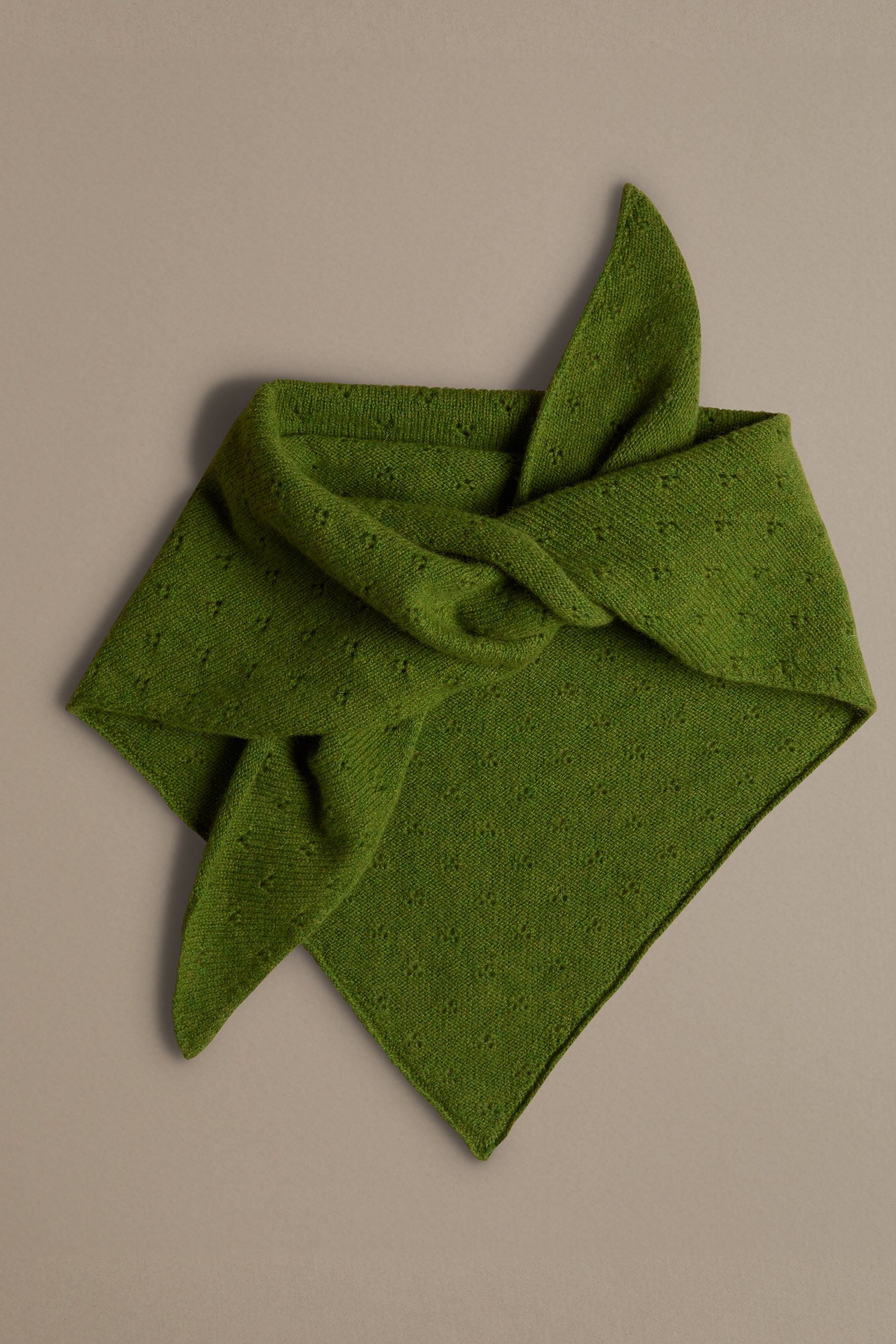 Forest green lace neckerchief knitted in soft lambswool. designed and made in the UK by Rove.