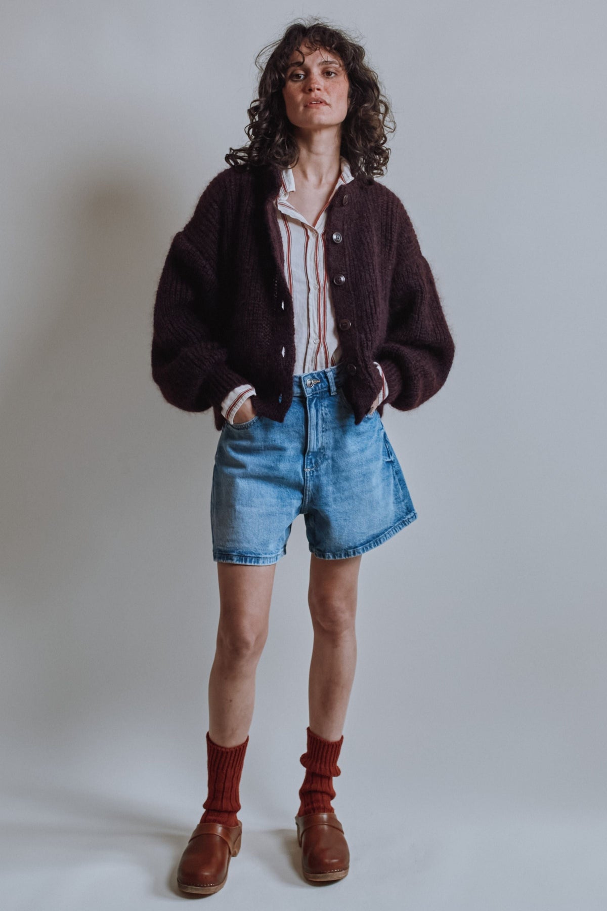 DIANA Balloon-Sleeve Cardigan in Mohair Wool - Plum