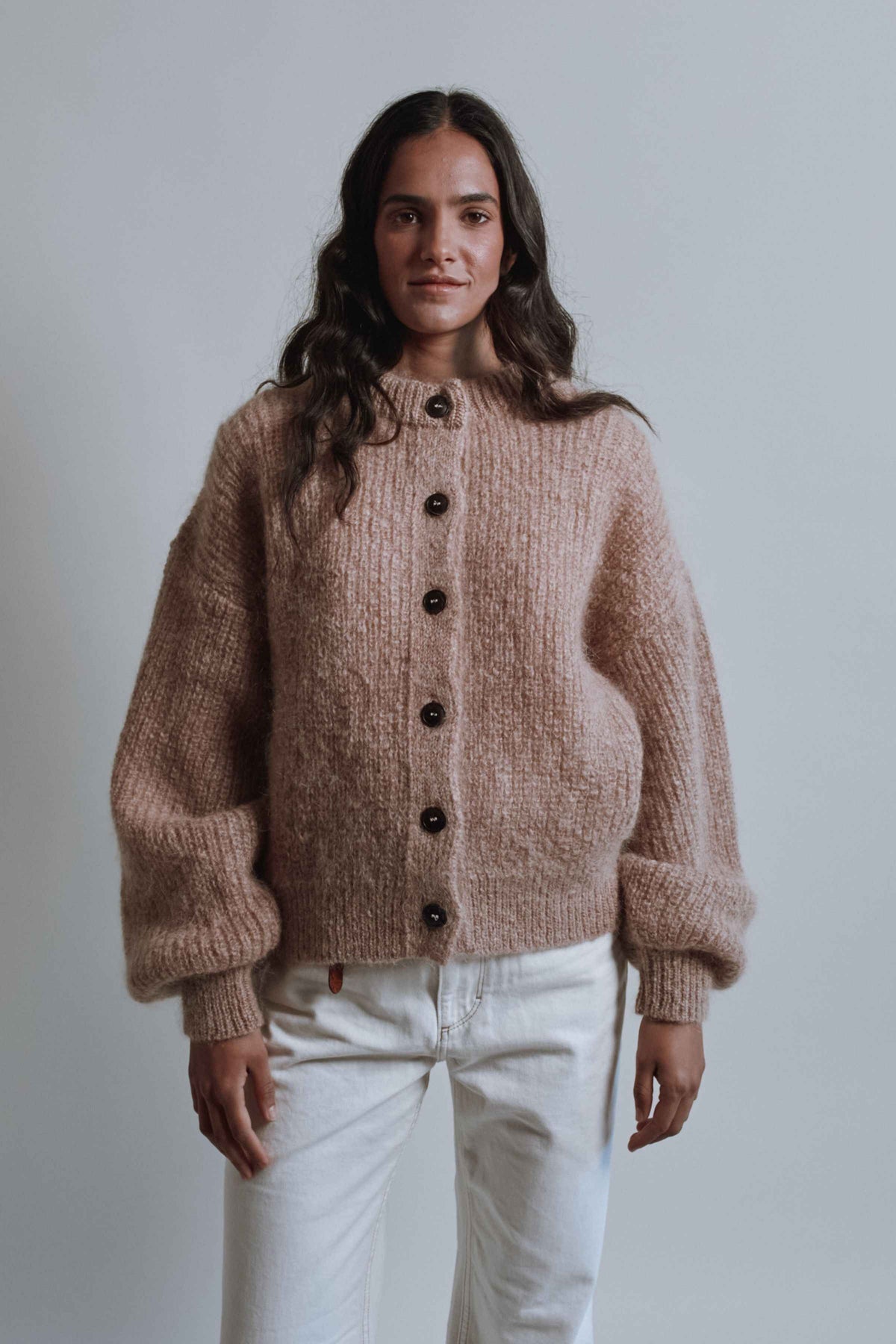 DIANA Balloon-Sleeve Cardigan in Mohair Wool - Light Pink