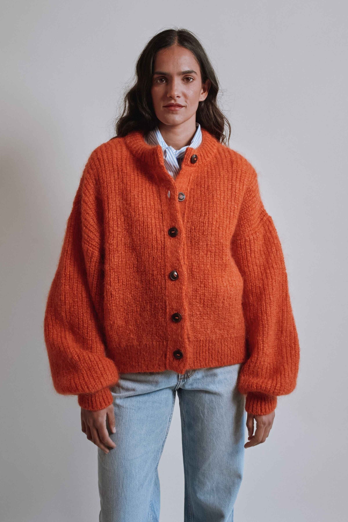DIANA Balloon-Sleeve Cardigan in Mohair Wool - Burnt Orange