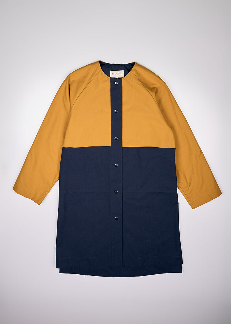 Waxed Cotton Overcoat || Mustard & Midnight Blue