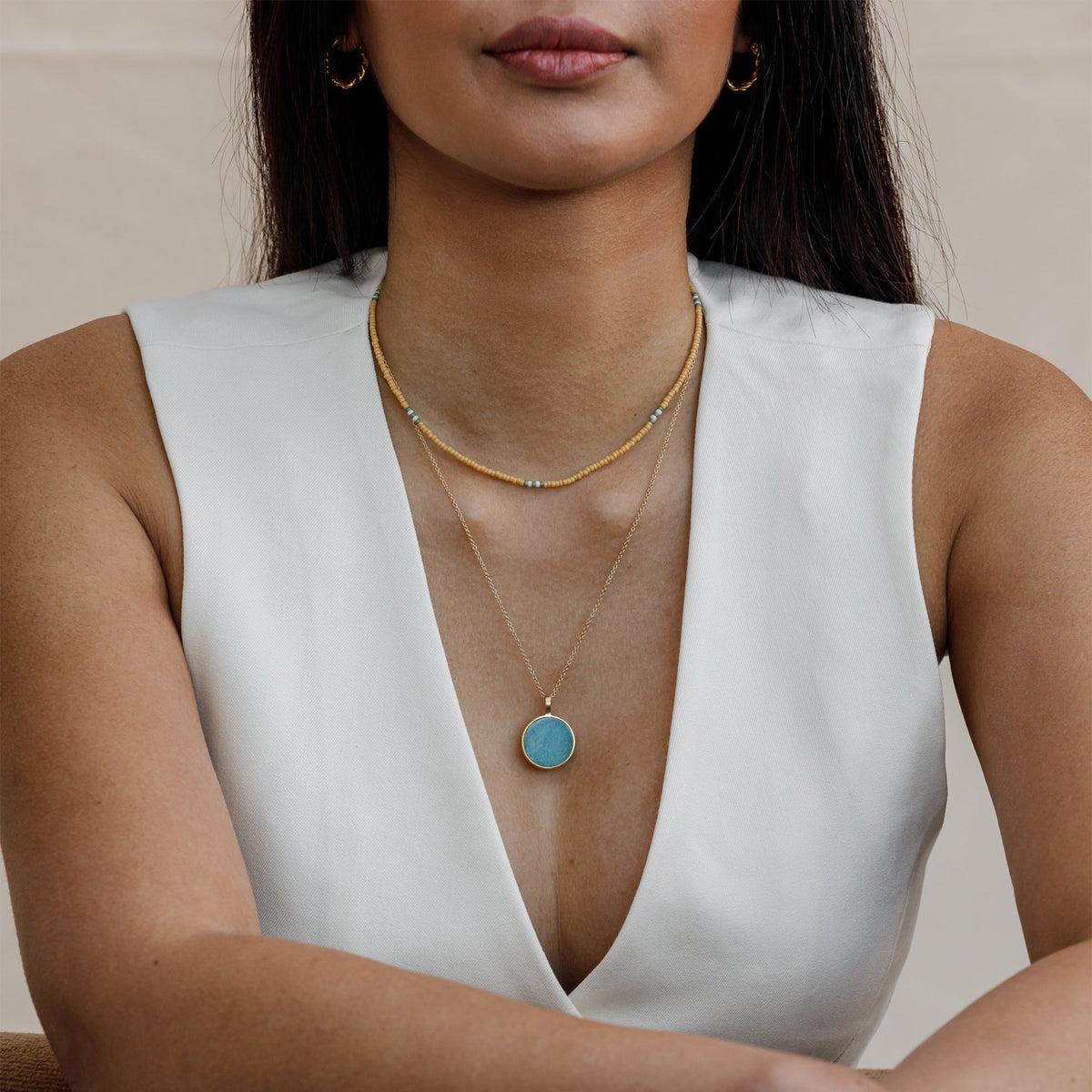 Gold Porthole Necklace • Amazonite