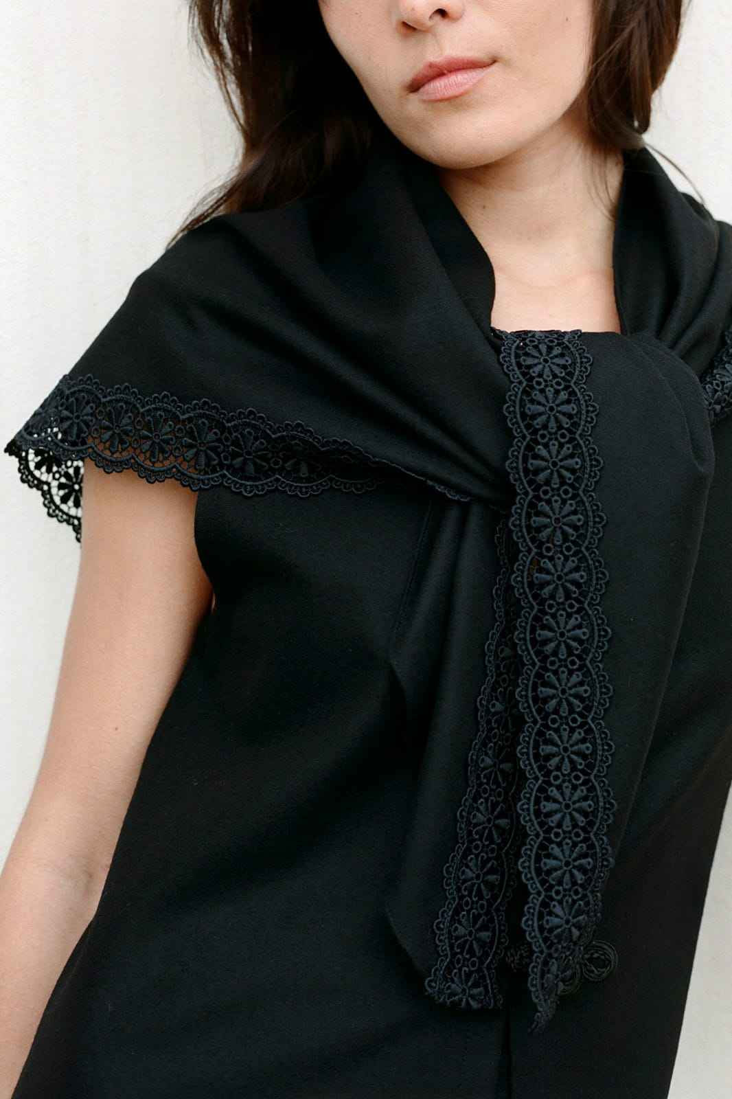 Felted Wool Triangle Scarf with lace in black