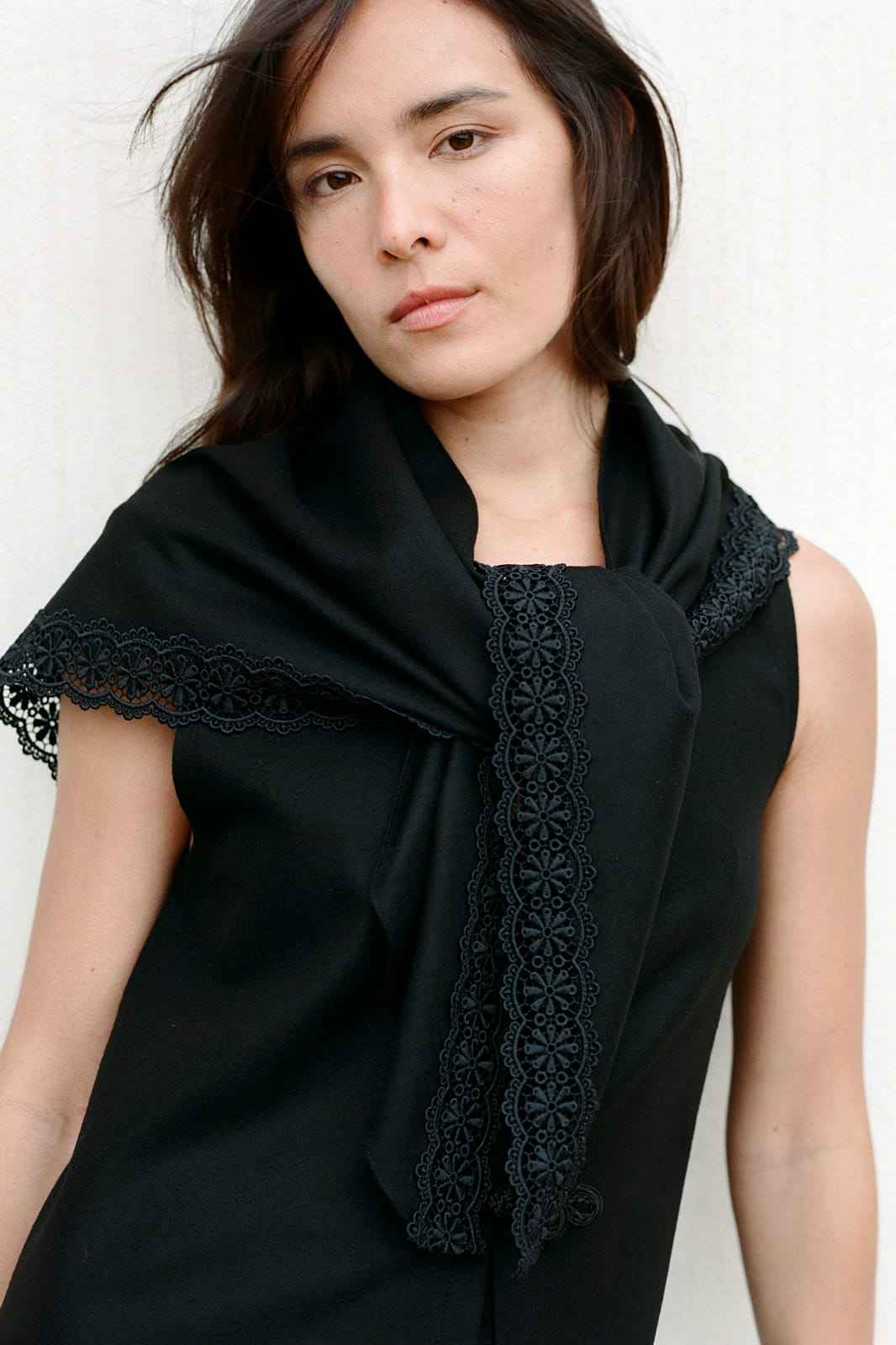 Felted Wool Triangle Scarf with lace in black