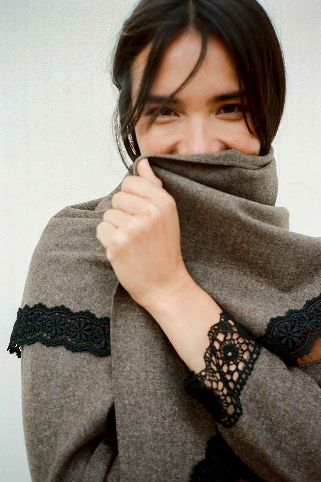 Felted Wool Triangle Scarf with lace in mocha
