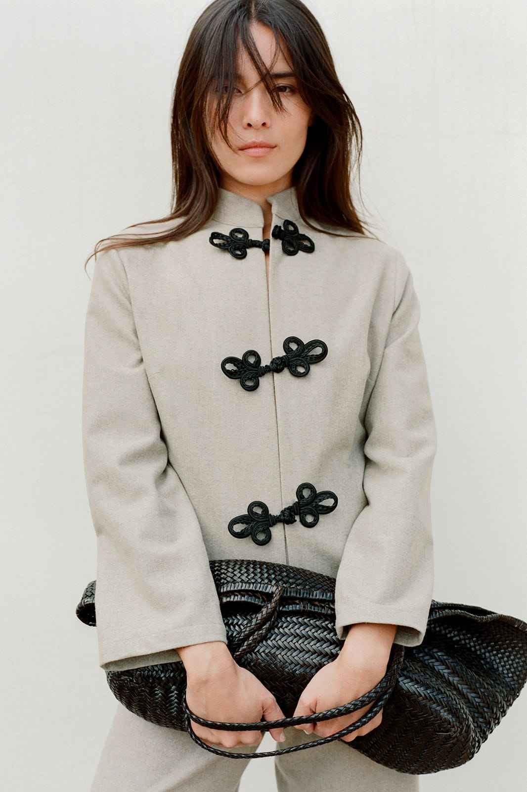 The Wilma Stand-Up Collar Wool Overshirt in beige