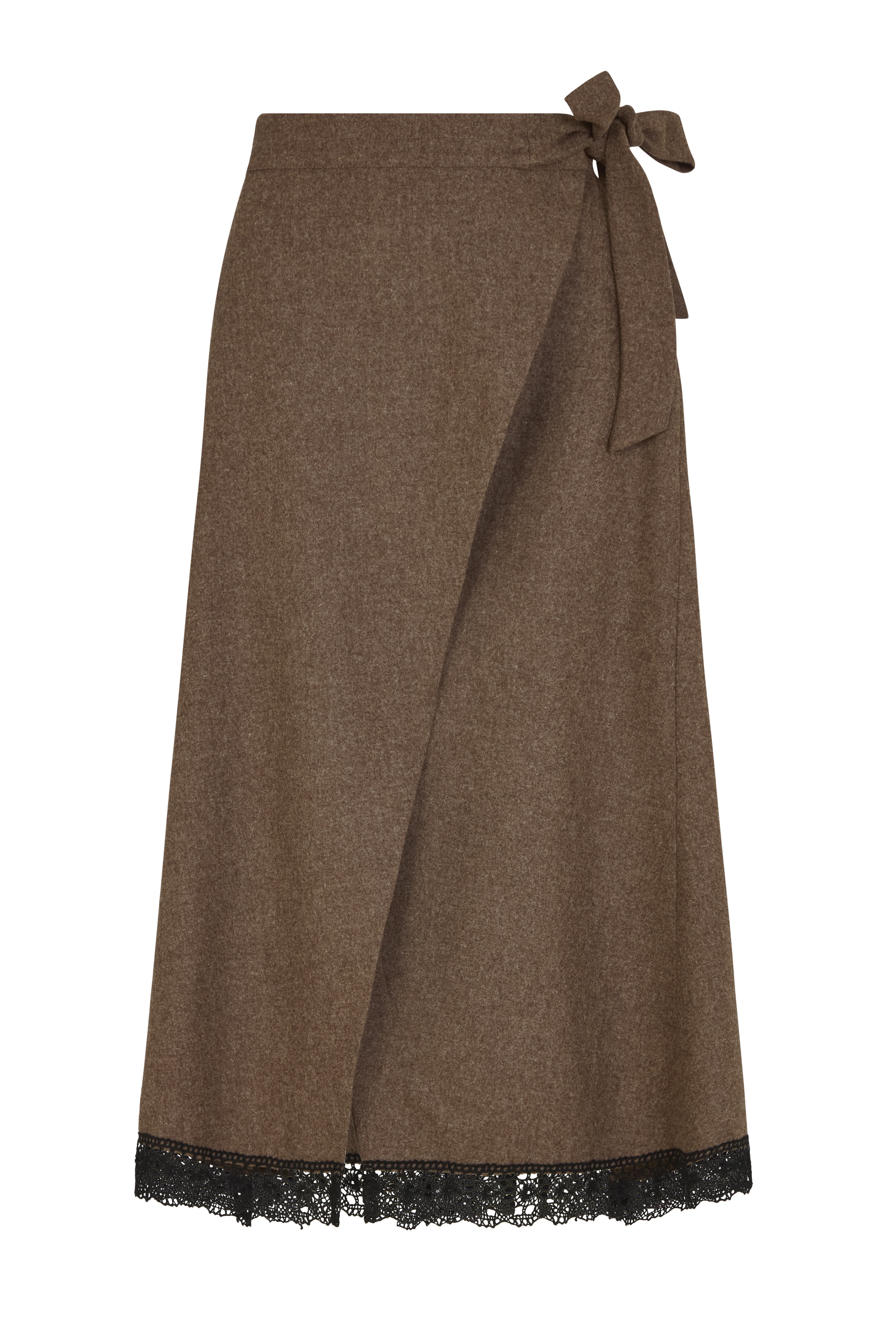 The Zoe Wool Wrap Skirt with lace trim in mocha