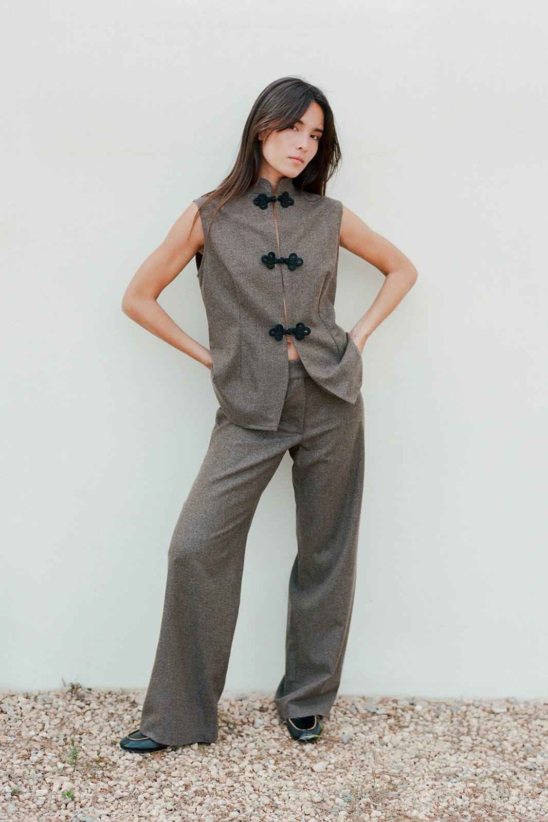 The Aria Stand-Up Collar Wool Vest in mocha