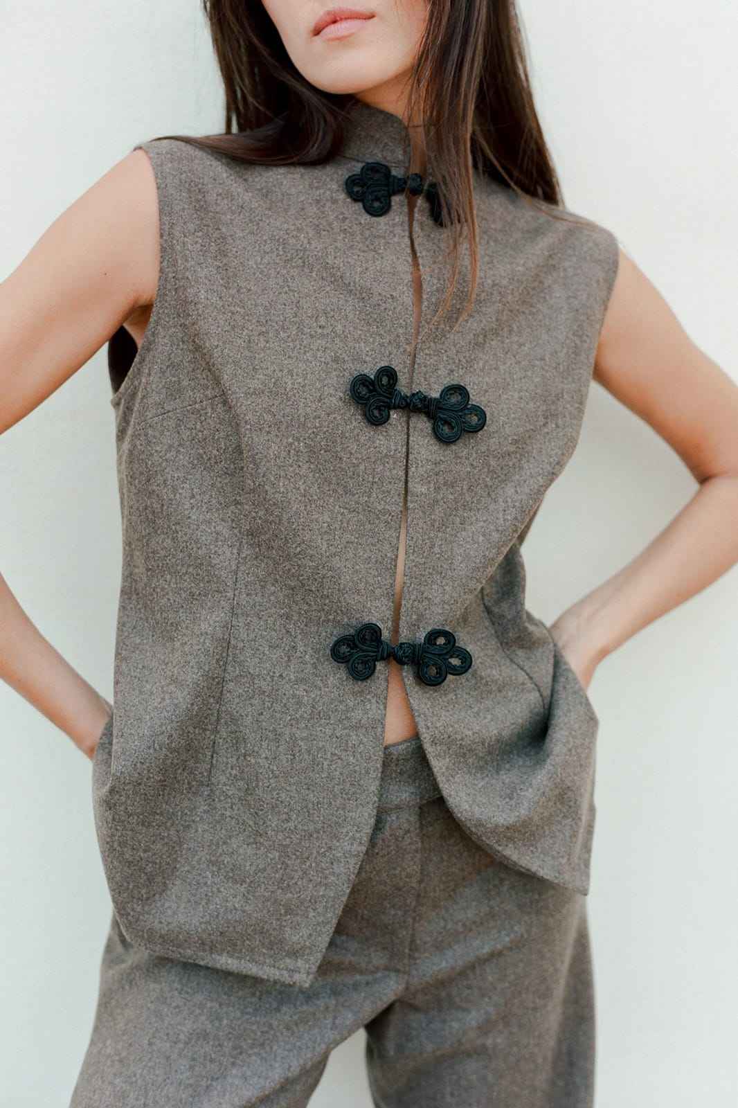 The Aria Stand-Up Collar Wool Vest in mocha