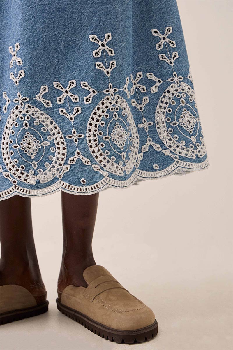 Coralie Denim Broderie Skirt