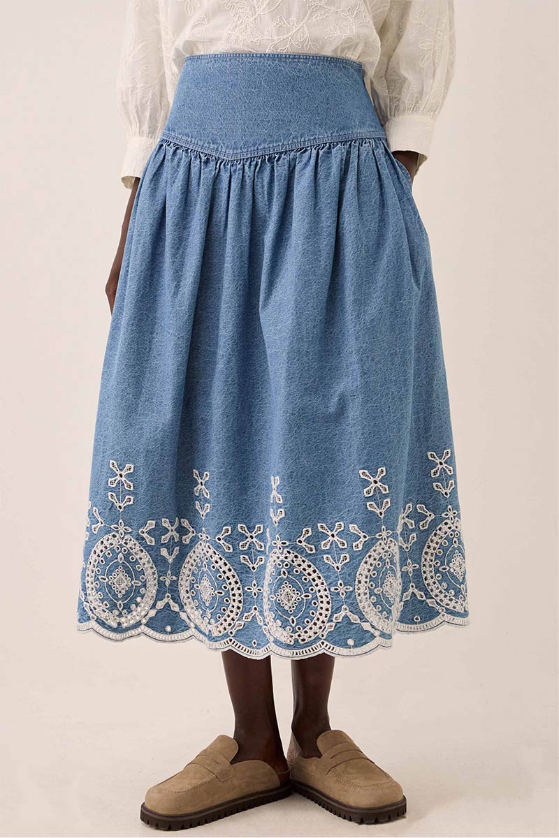 Coralie Denim Broderie Skirt
