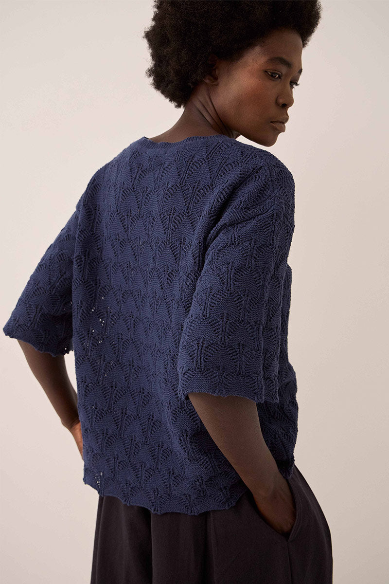 Flora Pointelle Knit Tee Navy
