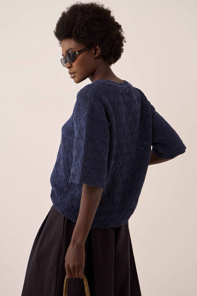 Flora Pointelle Knit Tee Navy