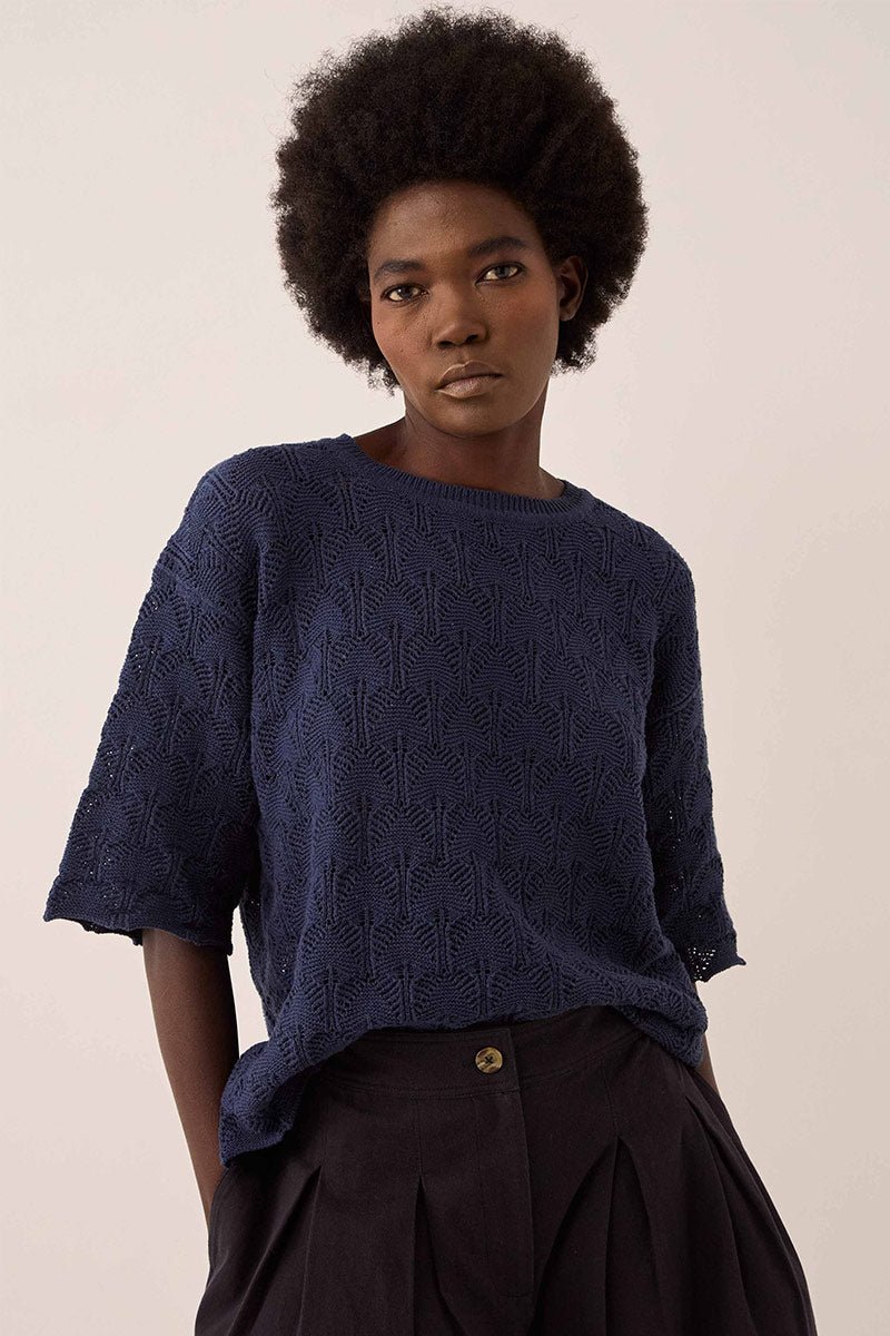 Flora Pointelle Knit Tee Navy